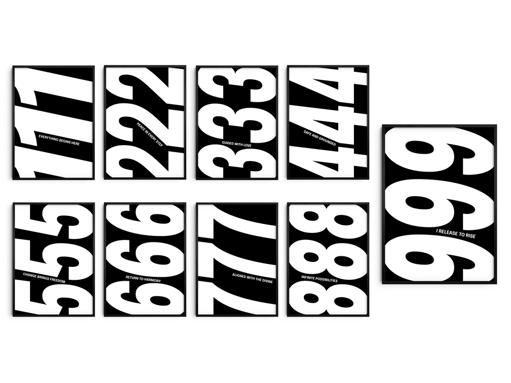 Elevate your space with the Angel Number Collection. This art set features nine unique, black-and-white abstract posters (111-999), turning any wall into a gallery of spiritual affirmations and modern, minimalist decor.