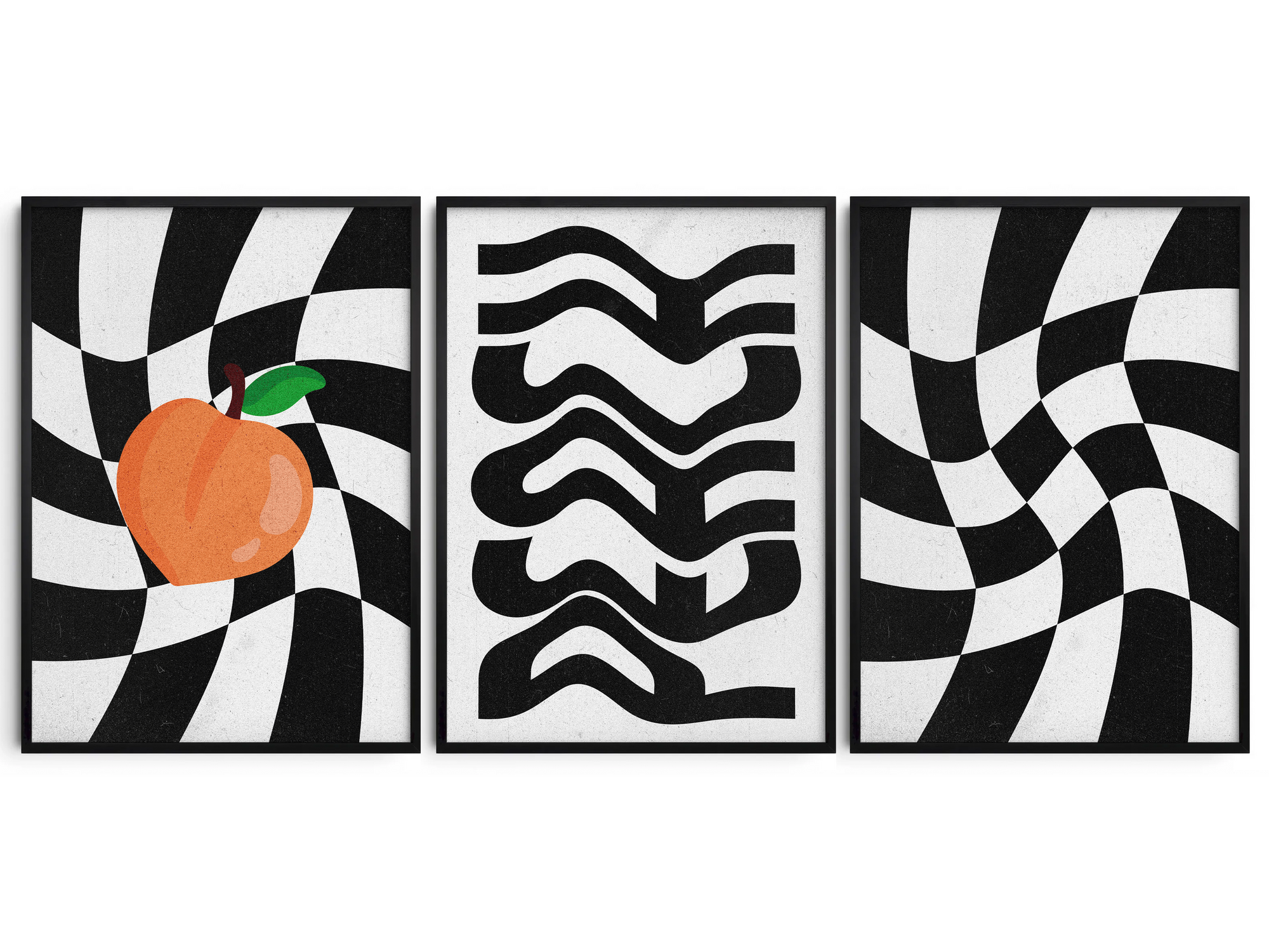 Collection of three Abstract Checkered Peach posters featuring vibrant fruit illustrations and modern checkerboard patterns for unique wall art.