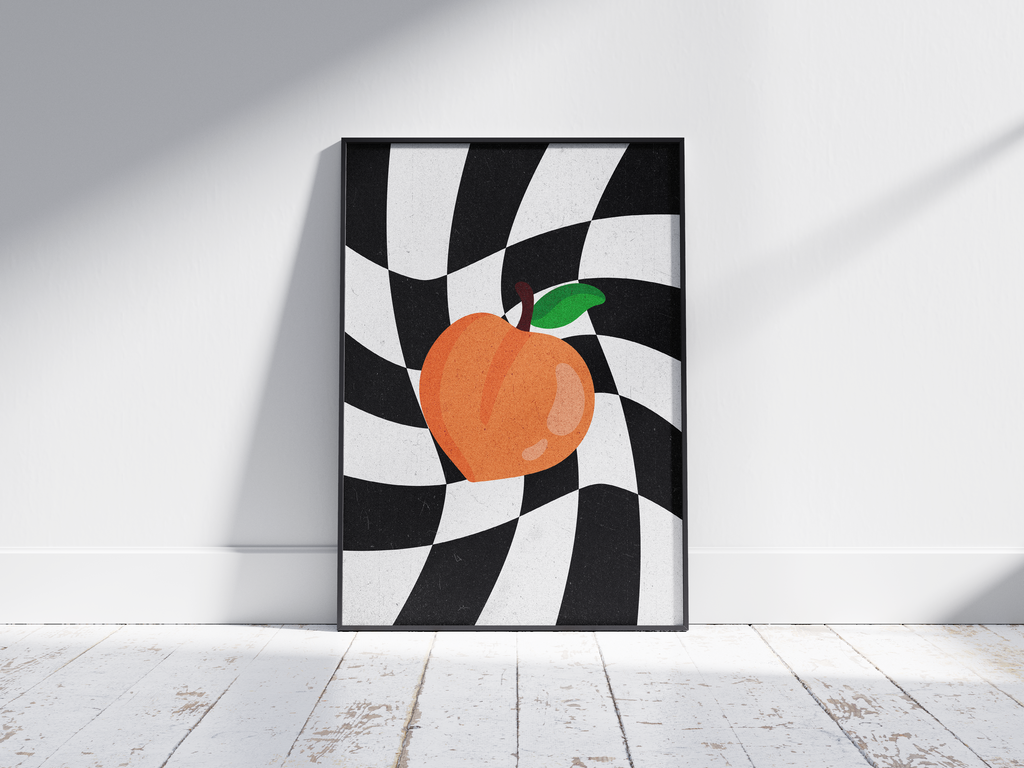 Vibrant abstract checkered peach poster featuring a colorful fruit illustration on a dynamic black and white background, printed on semi-gloss paper. Perfect wall art for living rooms, dining areas, or modern interiors with a playful and energetic aesthetic.