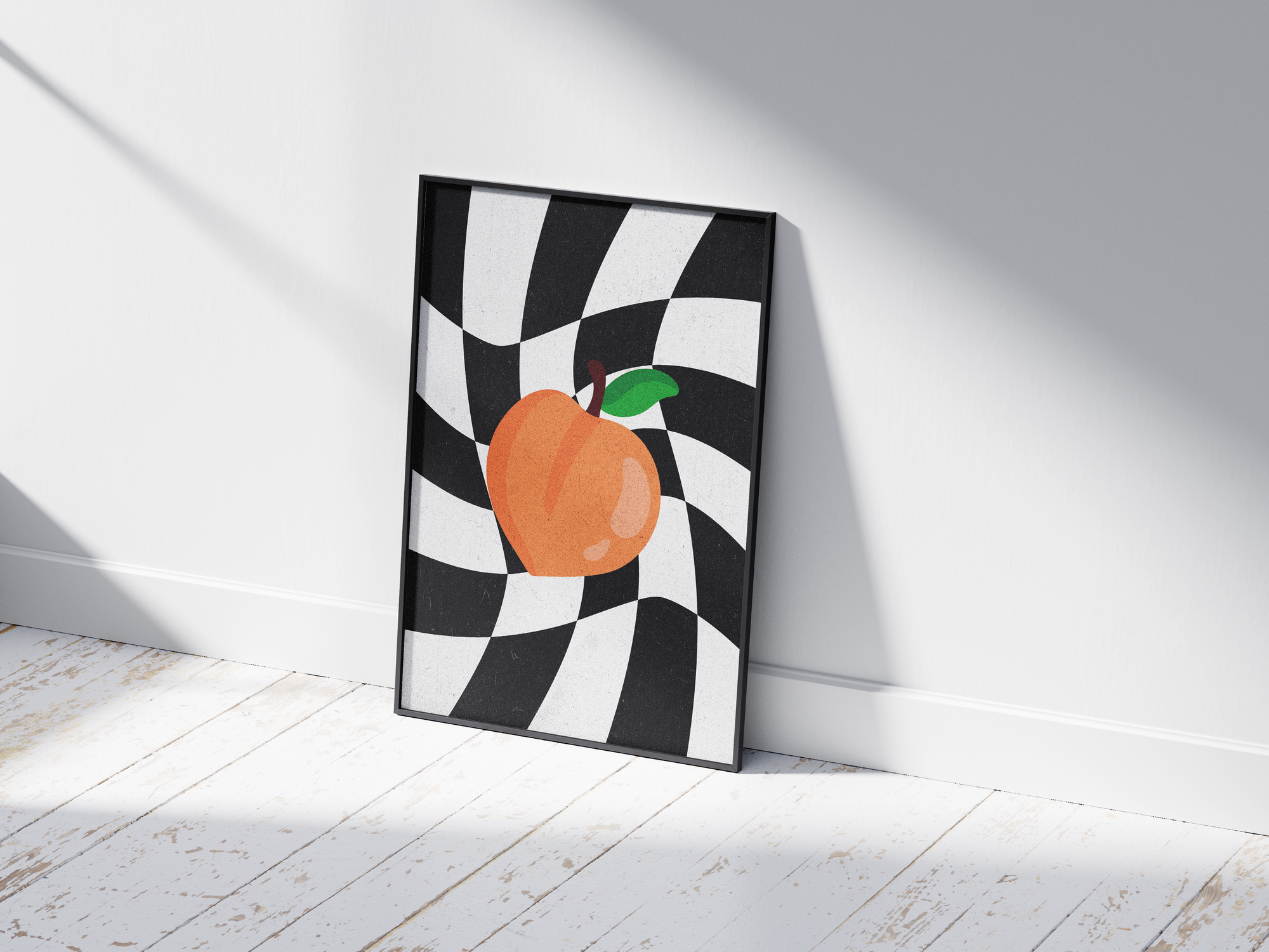 Vibrant abstract checkered peach poster featuring a colorful fruit illustration on a dynamic black and white background, printed on semi-gloss paper. Perfect wall art for living rooms, dining areas, or modern interiors with a playful and energetic aesthetic.