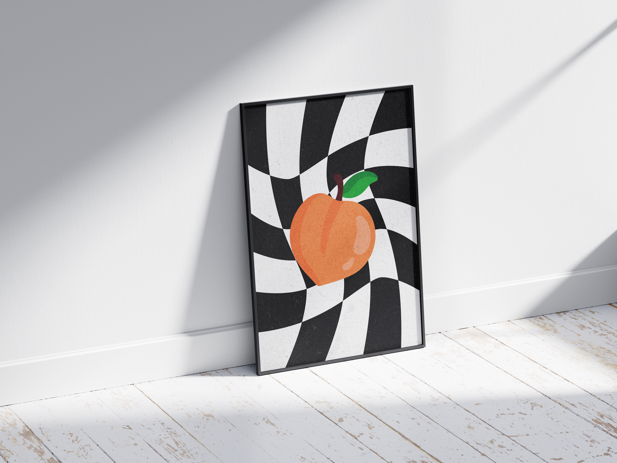 Vibrant abstract checkered peach poster featuring a colorful fruit illustration on a dynamic black and white background, printed on semi-gloss paper. Perfect wall art for living rooms, dining areas, or modern interiors with a playful and energetic aesthetic.