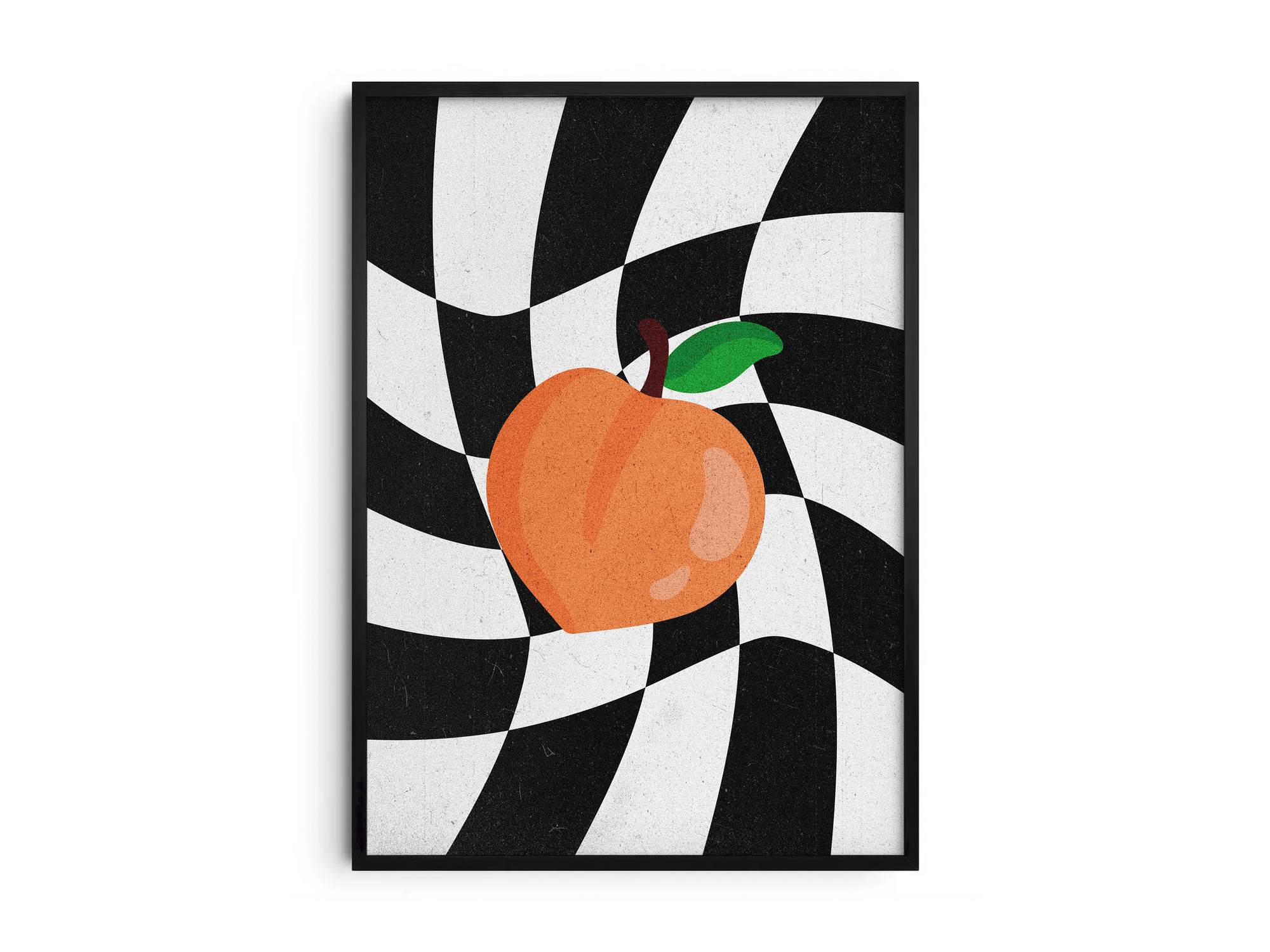 Vibrant abstract checkered peach poster featuring a colorful fruit illustration on a dynamic black and white background, printed on semi-gloss paper. Perfect wall art for living rooms, dining areas, or modern interiors with a playful and energetic aesthetic.