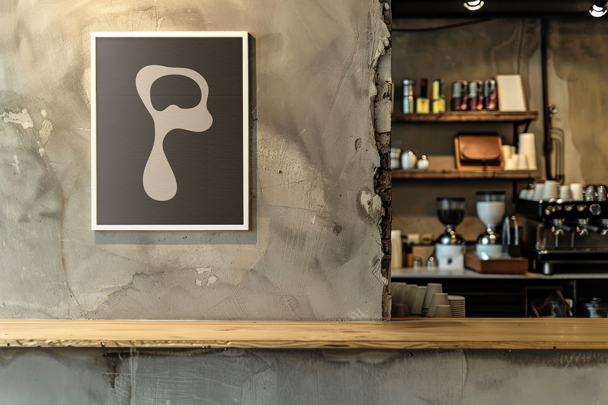 A square-framed modern art print with a light, organic shape against a dark brown, textured background, hanging on a weathered concrete wall above a wooden counter in a dimly lit coffee shop or cafe setting.