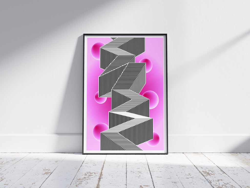 Abstract optical illusion poster with a black and white zigzag geometric pattern on a pink background with floating spheres, printed on semi-gloss paper. Perfect wall art for modern living rooms, studies, or contemporary interiors with a striking aesthetic.