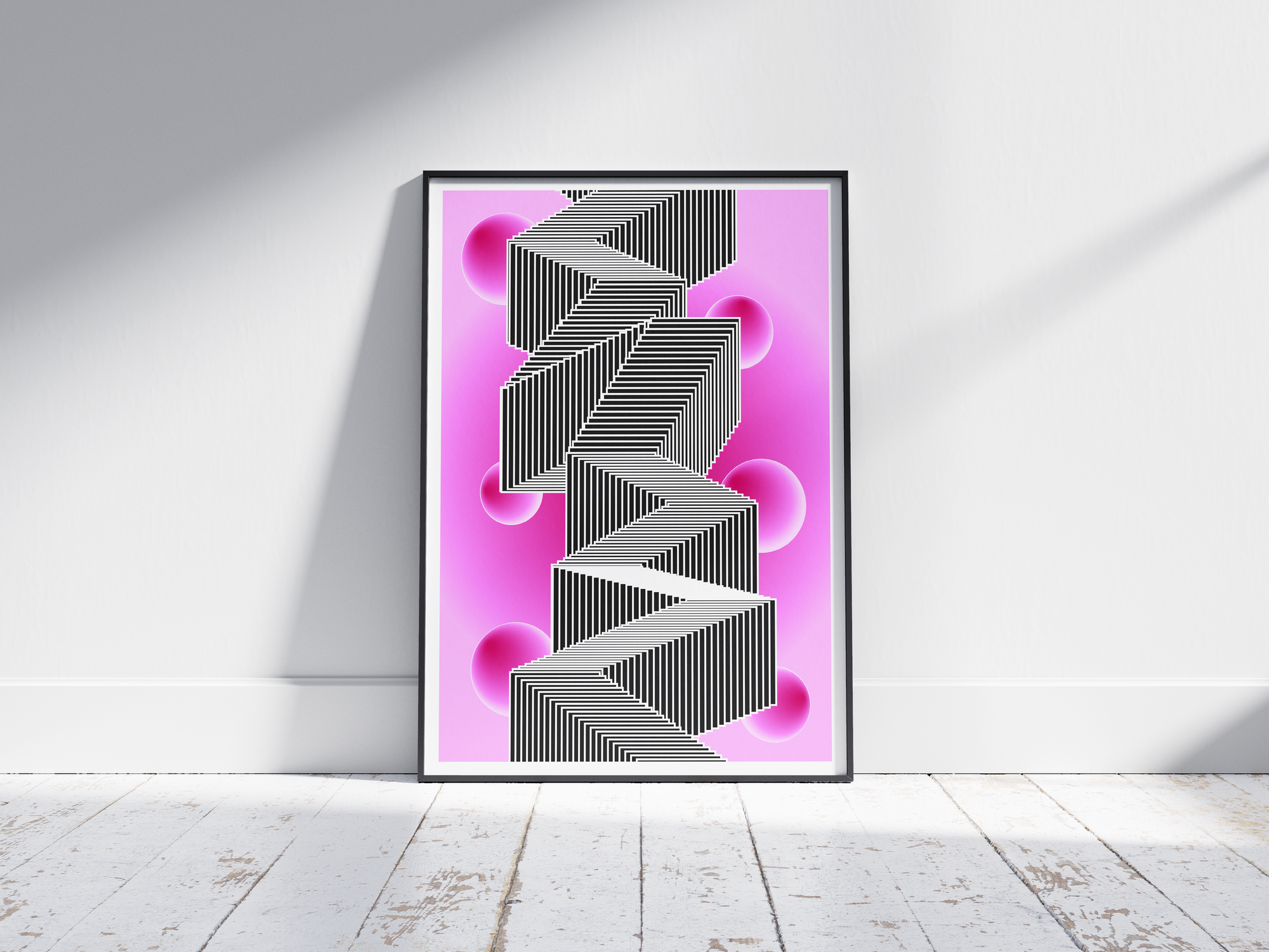 Abstract optical illusion poster with a black and white zigzag geometric pattern on a pink background with floating spheres, printed on semi-gloss paper. Perfect wall art for modern living rooms, studies, or contemporary interiors with a striking aesthetic.