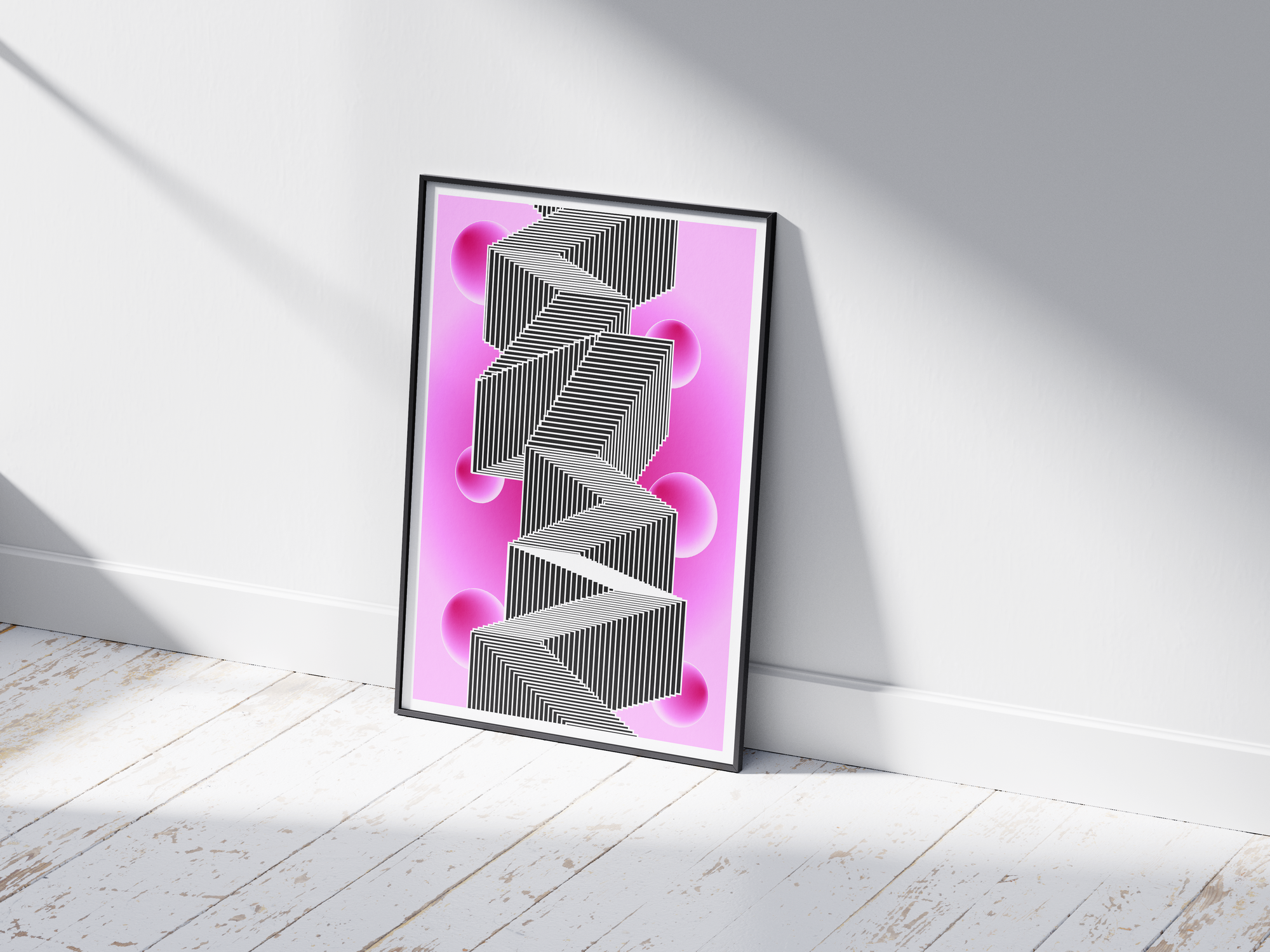 Abstract optical illusion poster with a black and white zigzag geometric pattern on a pink background with floating spheres, printed on semi-gloss paper. Perfect wall art for modern living rooms, studies, or contemporary interiors with a striking aesthetic.
