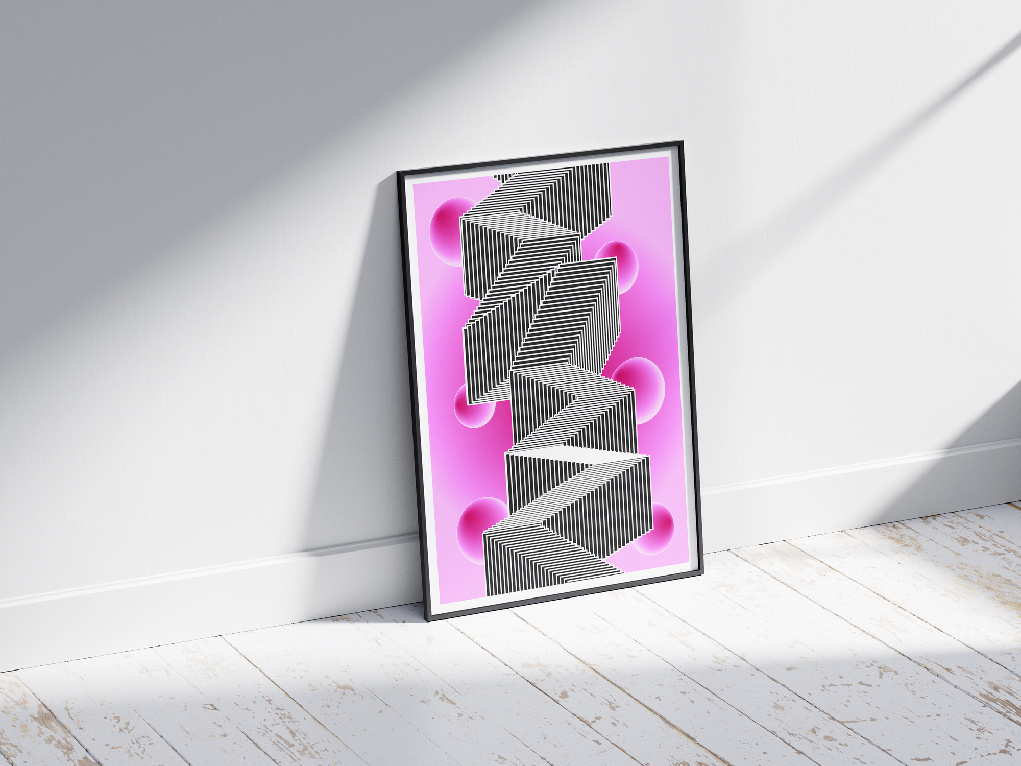 Abstract optical illusion poster with a black and white zigzag geometric pattern on a pink background with floating spheres, printed on semi-gloss paper. Perfect wall art for modern living rooms, studies, or contemporary interiors with a striking aesthetic.
