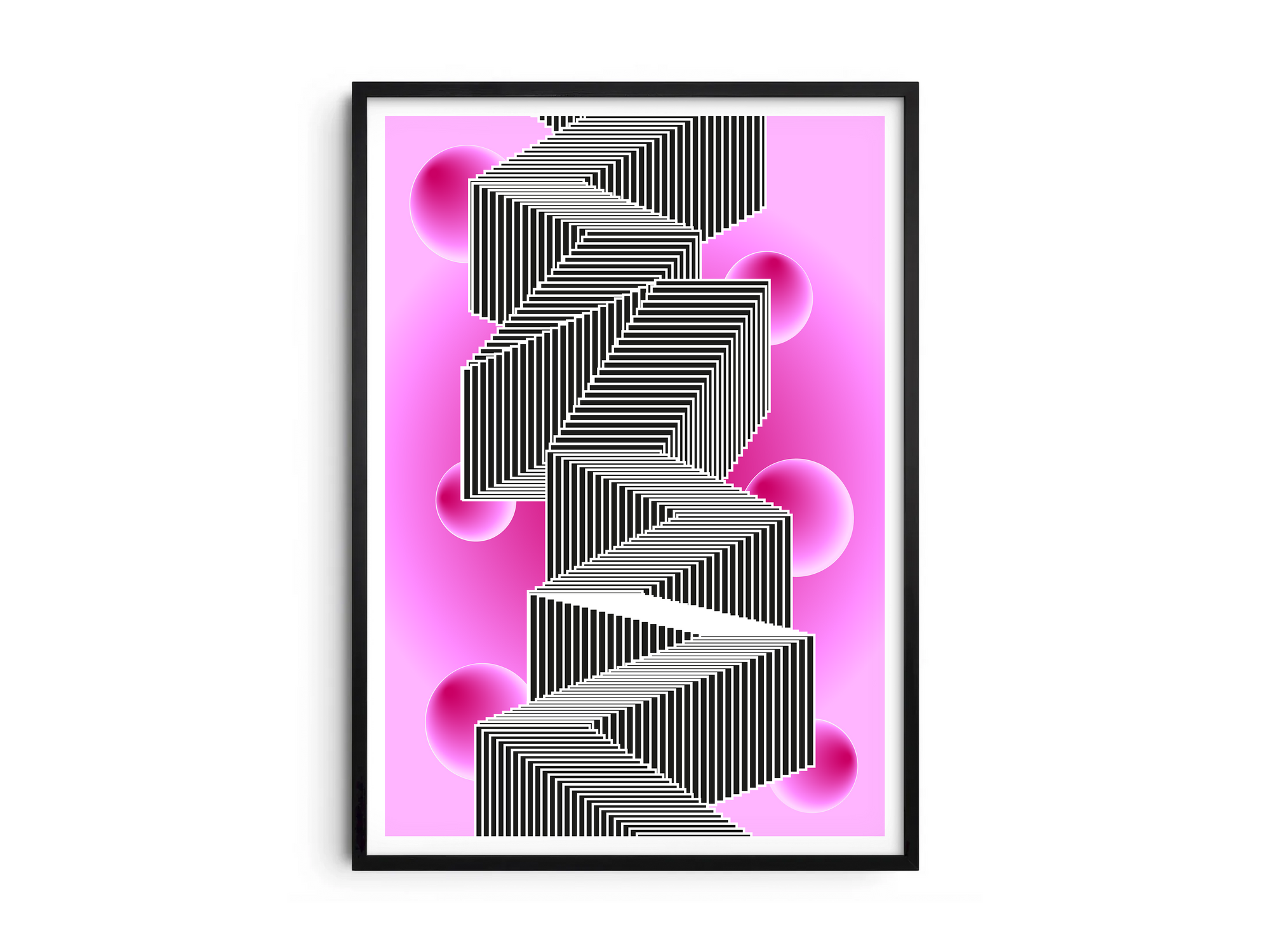 Abstract optical illusion poster with a black and white zigzag geometric pattern on a pink background with floating spheres, printed on semi-gloss paper. Perfect wall art for modern living rooms, studies, or contemporary interiors with a striking aesthetic.