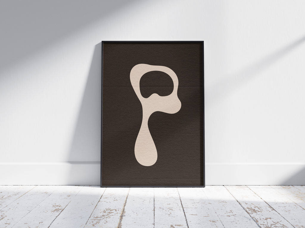 Calm abstract organic alphabet letter P poster, featuring a smooth off-white 'P' on a deep dark brown background. Perfect modern wall art for minimalist living rooms, offices, or gallery walls with an earthy, fluid, and sophisticated aesthetic.