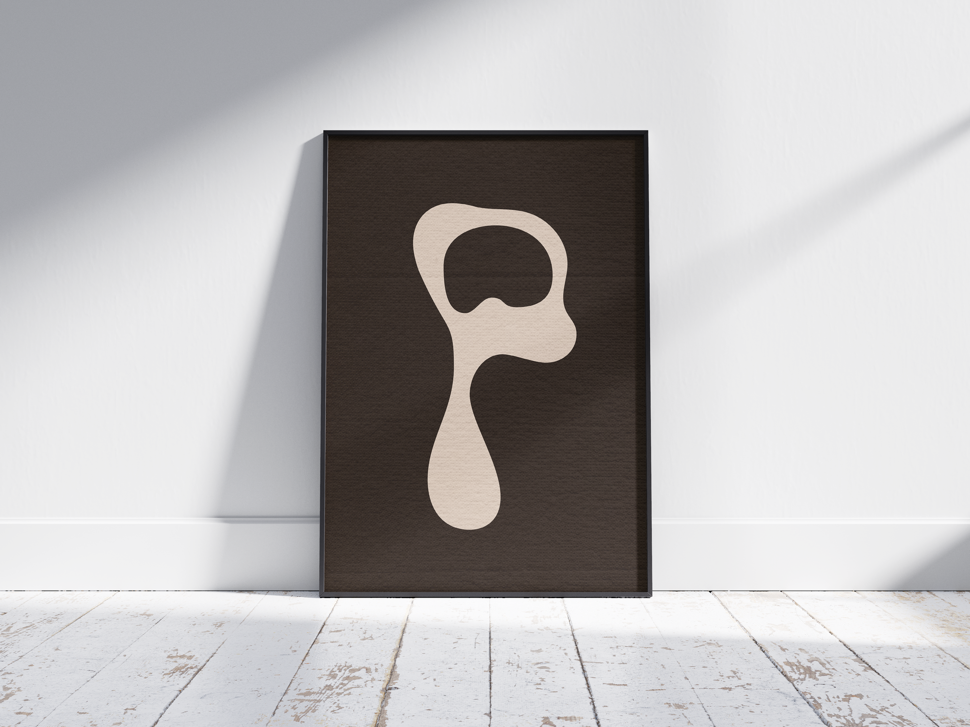 Calm abstract organic alphabet letter P poster, featuring a smooth off-white 'P' on a deep dark brown background. Perfect modern wall art for minimalist living rooms, offices, or gallery walls with an earthy, fluid, and sophisticated aesthetic.