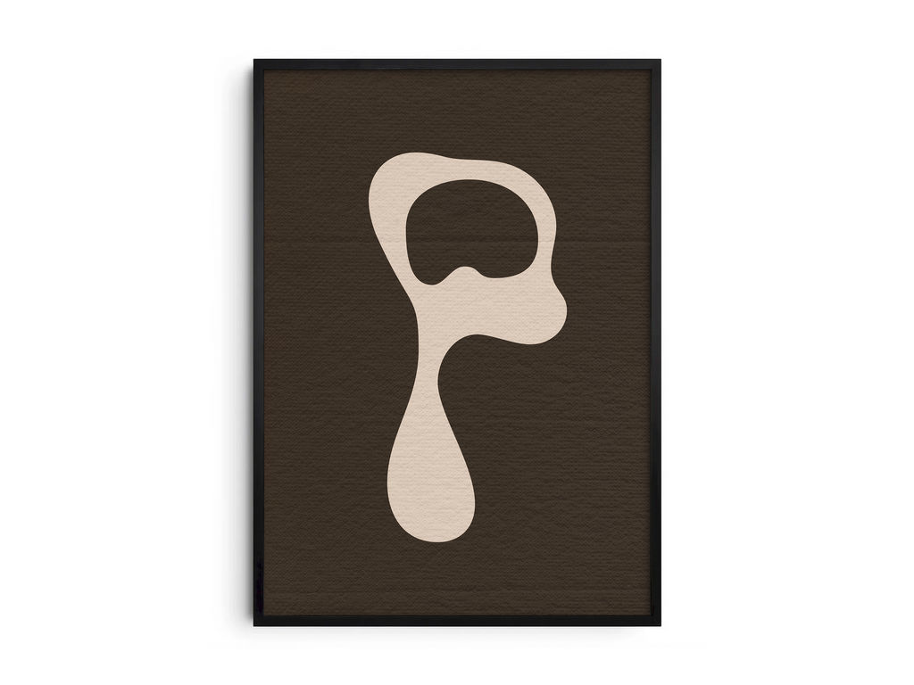 Calm abstract organic alphabet letter P poster, featuring a smooth off-white 'P' on a deep dark brown background. Perfect modern wall art for minimalist living rooms, offices, or gallery walls with an earthy, fluid, and sophisticated aesthetic.