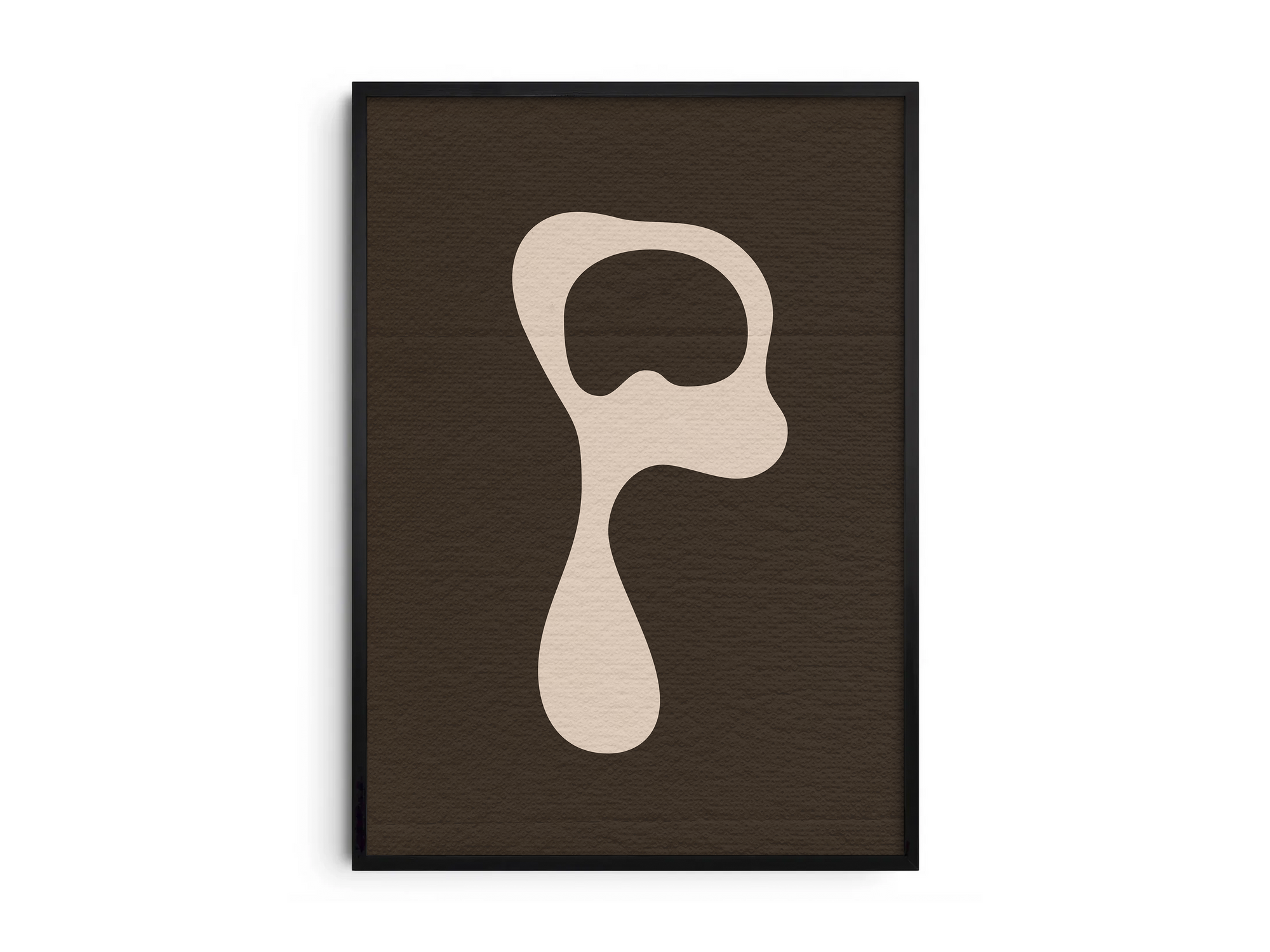 Calm abstract organic alphabet letter P poster, featuring a smooth off-white 'P' on a deep dark brown background. Perfect modern wall art for minimalist living rooms, offices, or gallery walls with an earthy, fluid, and sophisticated aesthetic.