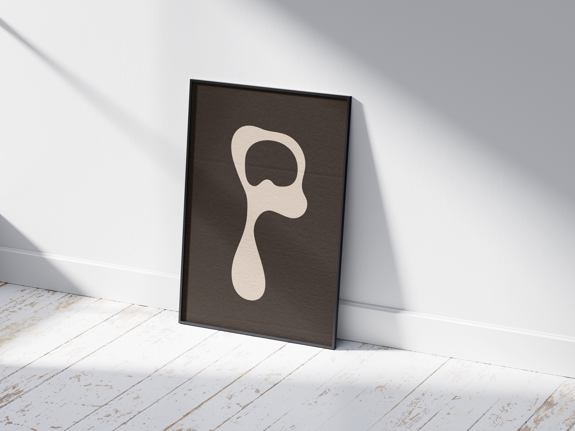 Calm abstract organic alphabet letter P poster, featuring a smooth off-white 'P' on a deep dark brown background. Perfect modern wall art for minimalist living rooms, offices, or gallery walls with an earthy, fluid, and sophisticated aesthetic.