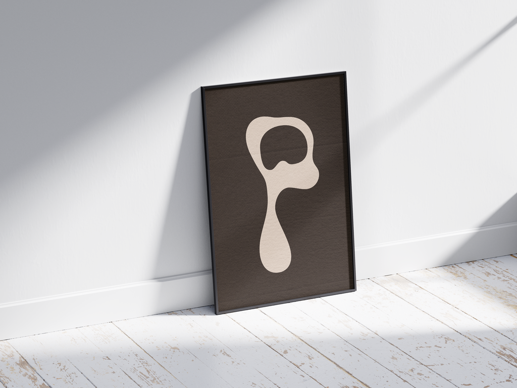 Calm abstract organic alphabet letter P poster, featuring a smooth off-white 'P' on a deep dark brown background. Perfect modern wall art for minimalist living rooms, offices, or gallery walls with an earthy, fluid, and sophisticated aesthetic.