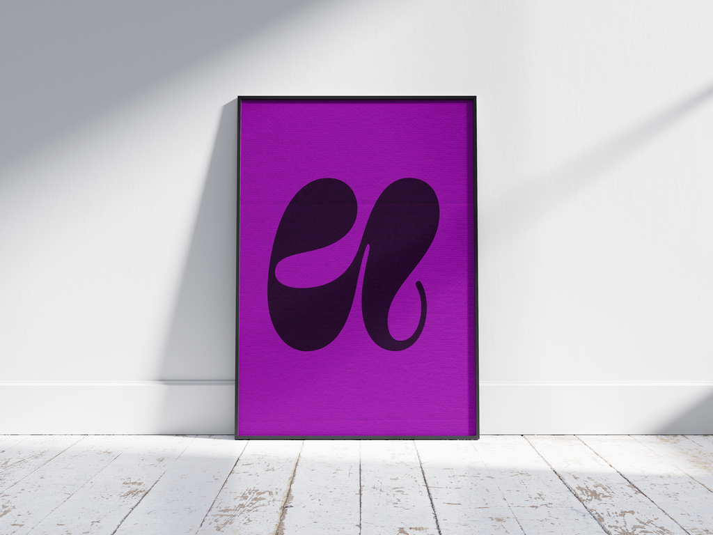 Vibrant abstract organic alphabet letter U poster, featuring a flowing dark plum shape on an electric purple background. Perfect modern wall art for creative studios, minimalist living rooms, or gallery walls with a fluid, graphic, and sophisticated aesthetic.