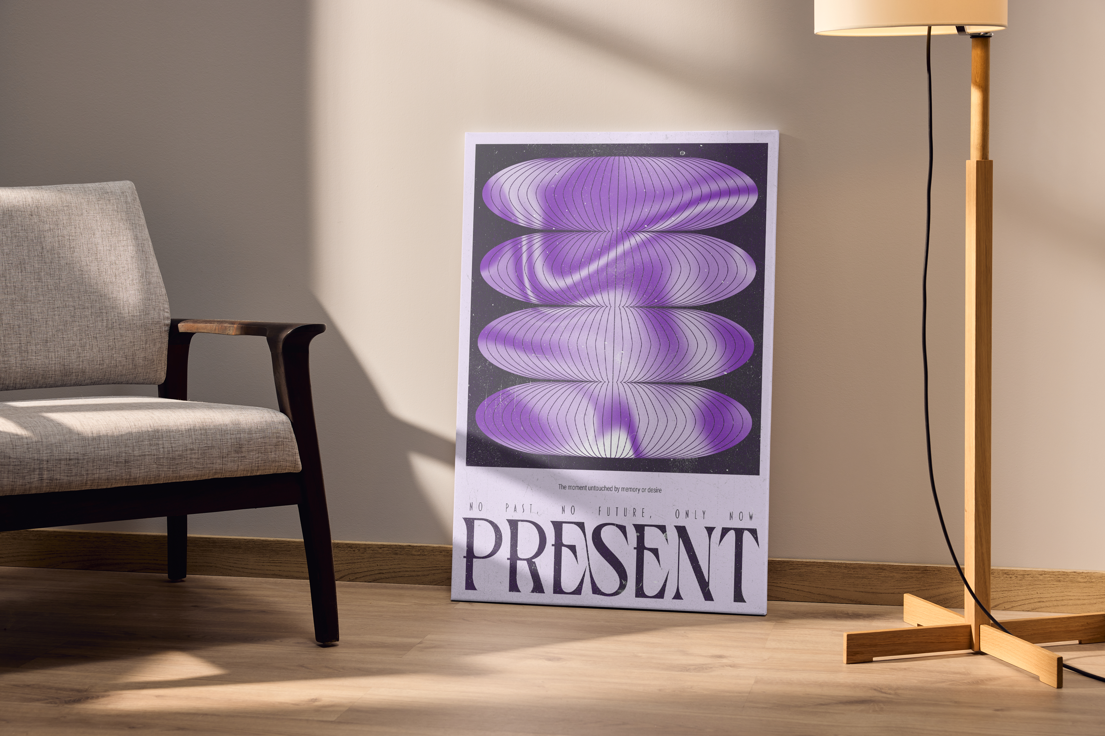 A large, striking poster with the word 'PRESENT' in bold, dark letters at the bottom leans against a light gray wall in a softly lit room. The top of the poster features four stacked, horizontally elongated purple and white abstract shapes that appear to be warped spheres with flowing, striped patterns. To the left is a cozy, modern armchair with light gray upholstery and dark wooden armrests.