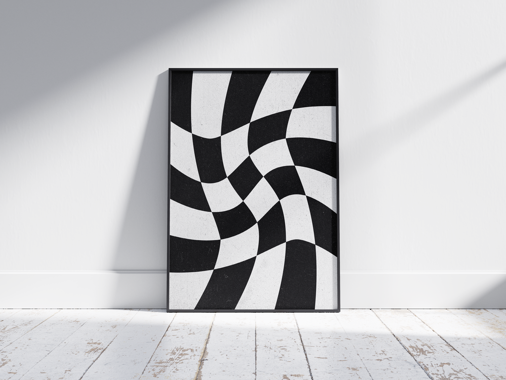 Intriguing abstract swirling checkerboard poster showcasing a mesmerizing black and white wavy pattern, printed on high-quality paper. Ideal wall art for contemporary living spaces, minimalist decor, or as a striking addition to a modern gallery wall.