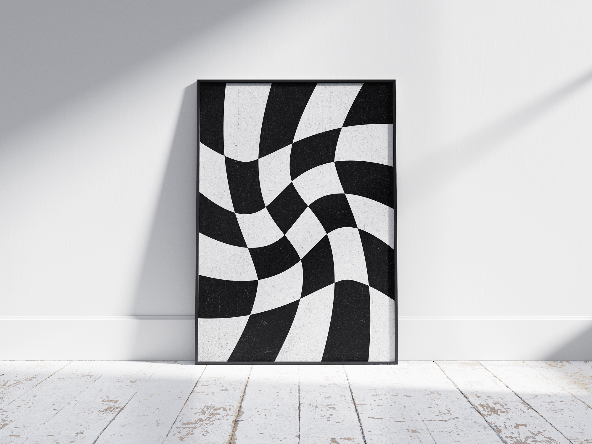 Intriguing abstract swirling checkerboard poster showcasing a mesmerizing black and white wavy pattern, printed on high-quality paper. Ideal wall art for contemporary living spaces, minimalist decor, or as a striking addition to a modern gallery wall.