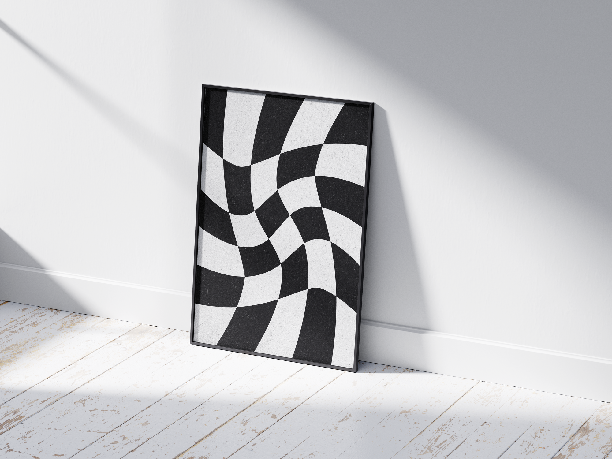 Intriguing abstract swirling checkerboard poster showcasing a mesmerizing black and white wavy pattern, printed on high-quality paper. Ideal wall art for contemporary living spaces, minimalist decor, or as a striking addition to a modern gallery wall.