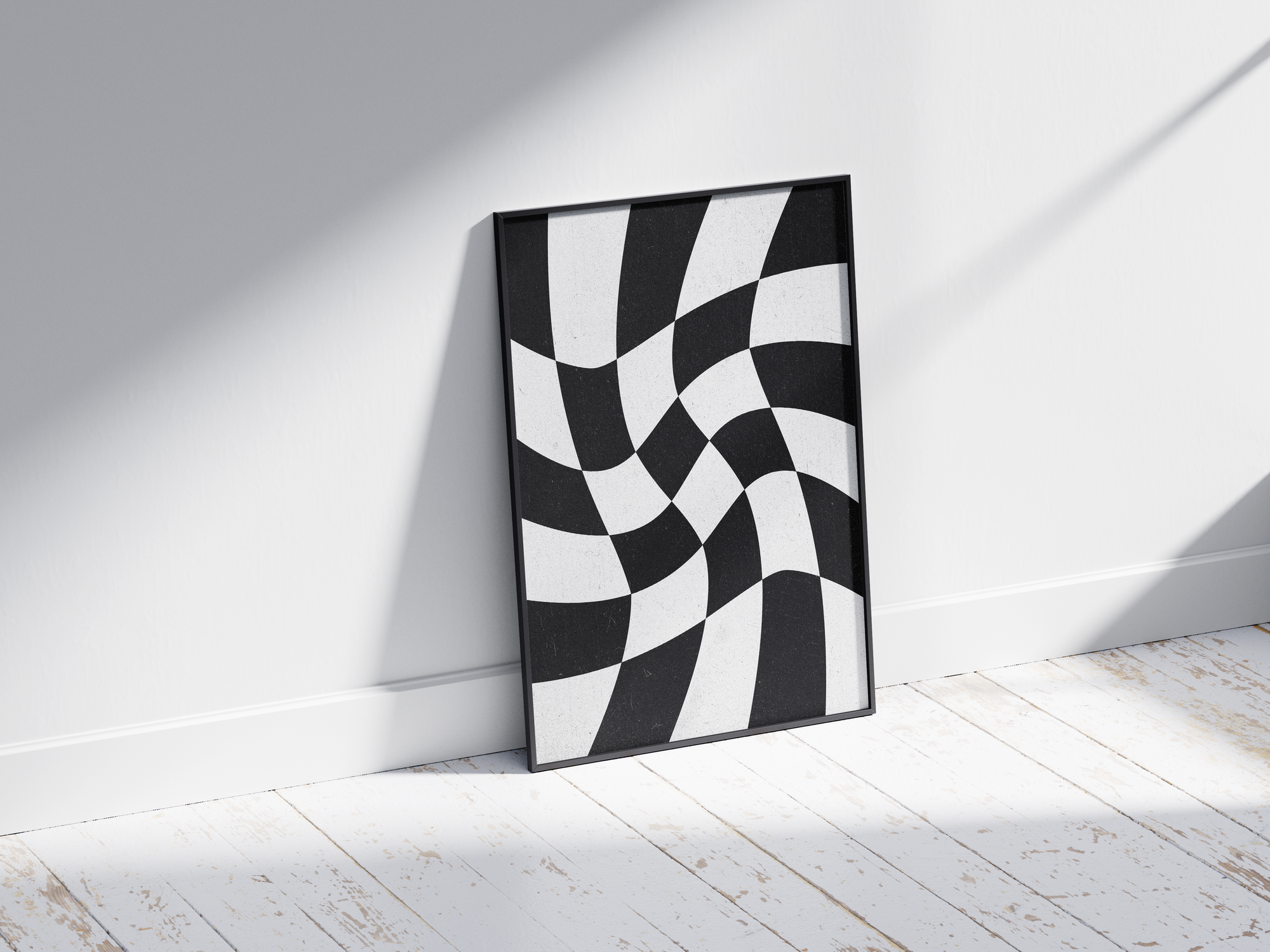 Intriguing abstract swirling checkerboard poster showcasing a mesmerizing black and white wavy pattern, printed on high-quality paper. Ideal wall art for contemporary living spaces, minimalist decor, or as a striking addition to a modern gallery wall.