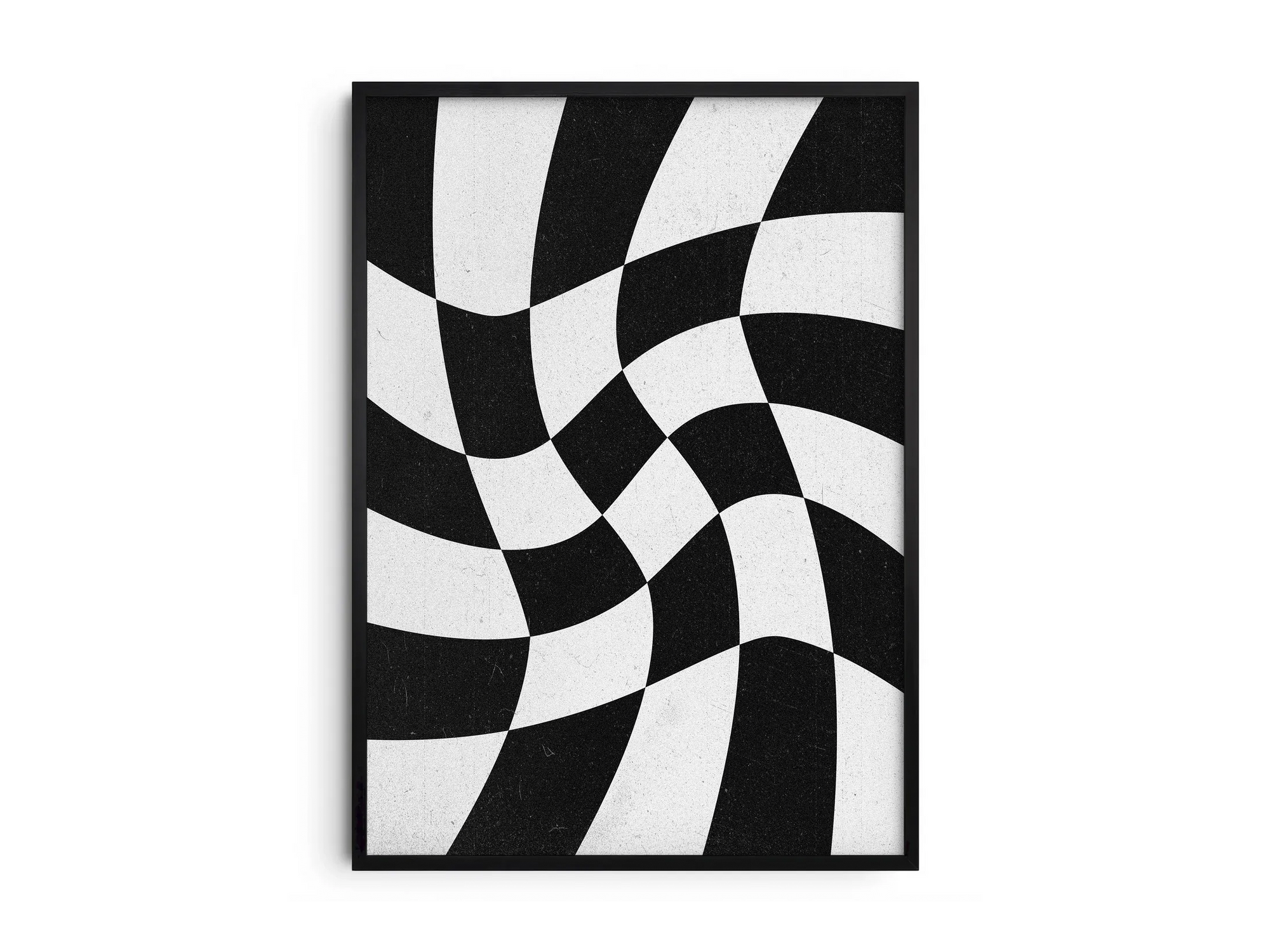 Intriguing abstract swirling checkerboard poster showcasing a mesmerizing black and white wavy pattern, printed on high-quality paper. Ideal wall art for contemporary living spaces, minimalist decor, or as a striking addition to a modern gallery wall.