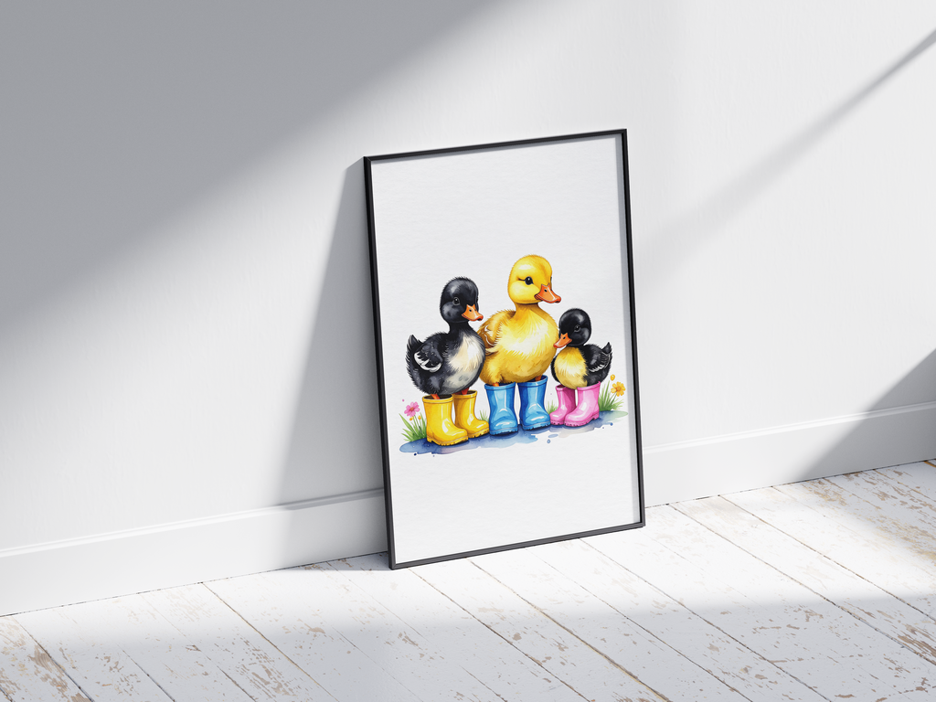Charming watercolor art poster featuring three adorable ducklings in colorful rain boots (yellow, blue, pink) with subtle flowers, printed on semi-gloss sustainable paper. Perfect wall art for nurseries, children's rooms, or playrooms with a cute and whimsical aesthetic.