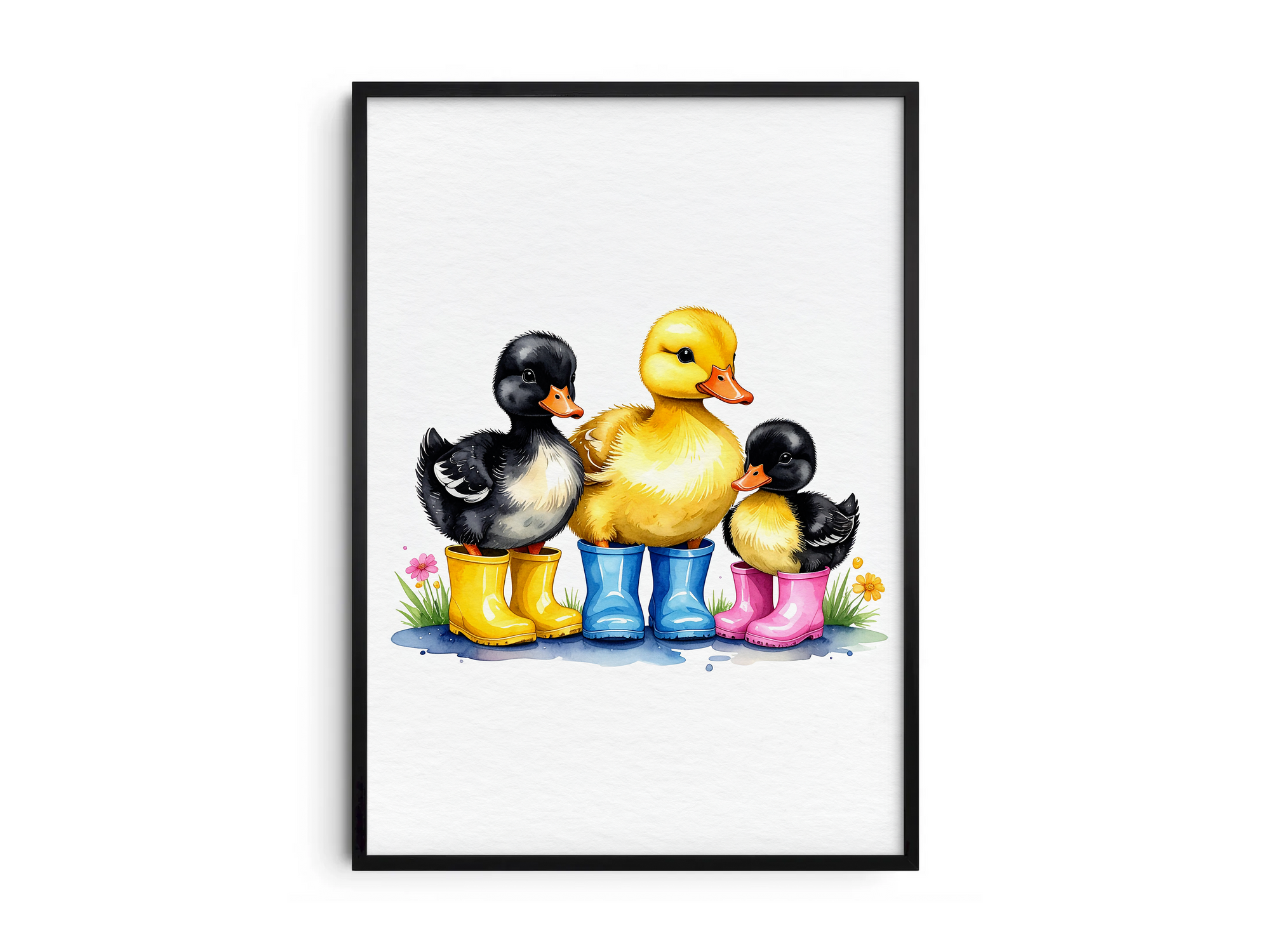 Charming watercolor art poster featuring three adorable ducklings in colorful rain boots (yellow, blue, pink) with subtle flowers, printed on semi-gloss sustainable paper. Perfect wall art for nurseries, children's rooms, or playrooms with a cute and whimsical aesthetic.