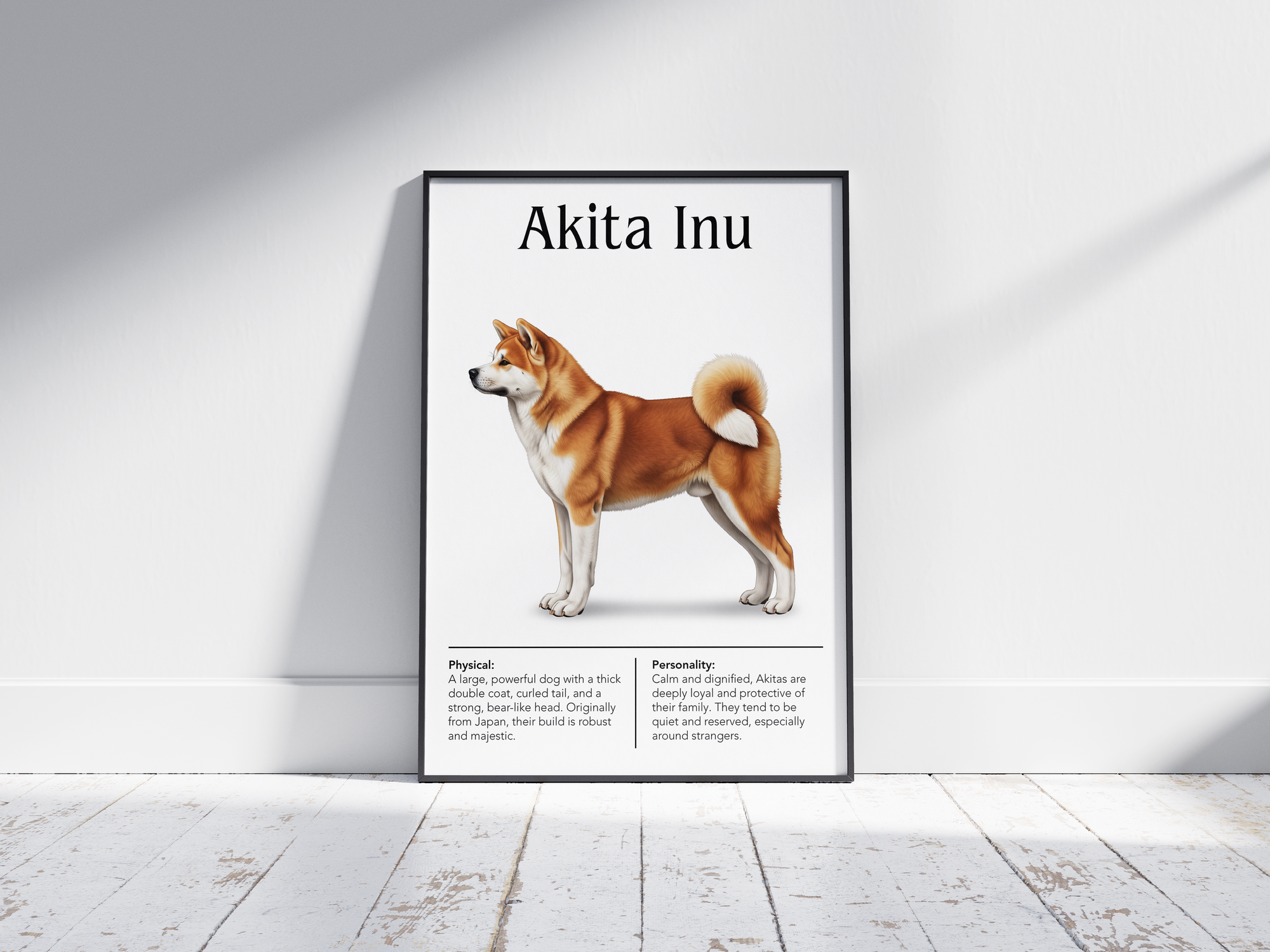 Detailed Akita Inu dog breed poster showcasing its physical characteristics and personality traits, printed on semi-gloss sustainable paper. Perfect wall art for living rooms, studies, or modern interiors with a dignified and elegant aesthetic.
