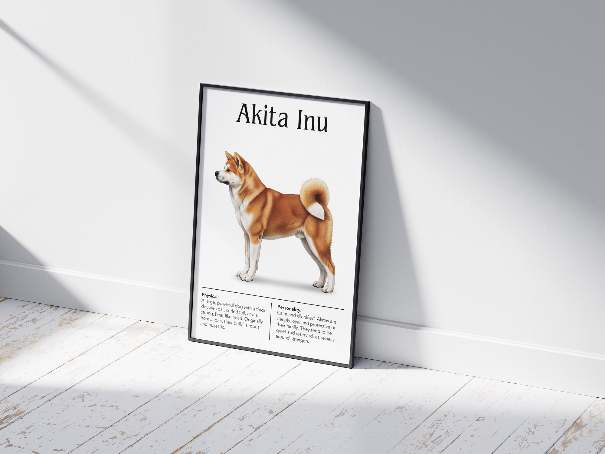 Detailed Akita Inu dog breed poster showcasing its physical characteristics and personality traits, printed on semi-gloss sustainable paper. Perfect wall art for living rooms, studies, or modern interiors with a dignified and elegant aesthetic.