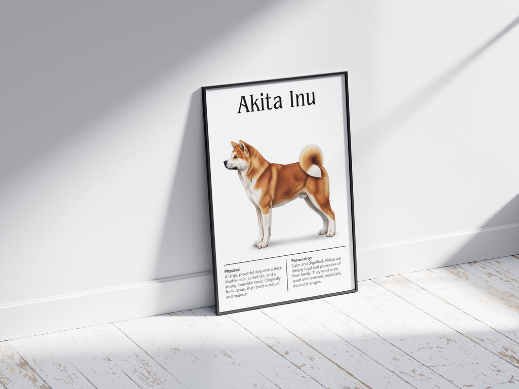 Detailed Akita Inu dog breed poster showcasing its physical characteristics and personality traits, printed on semi-gloss sustainable paper. Perfect wall art for living rooms, studies, or modern interiors with a dignified and elegant aesthetic.