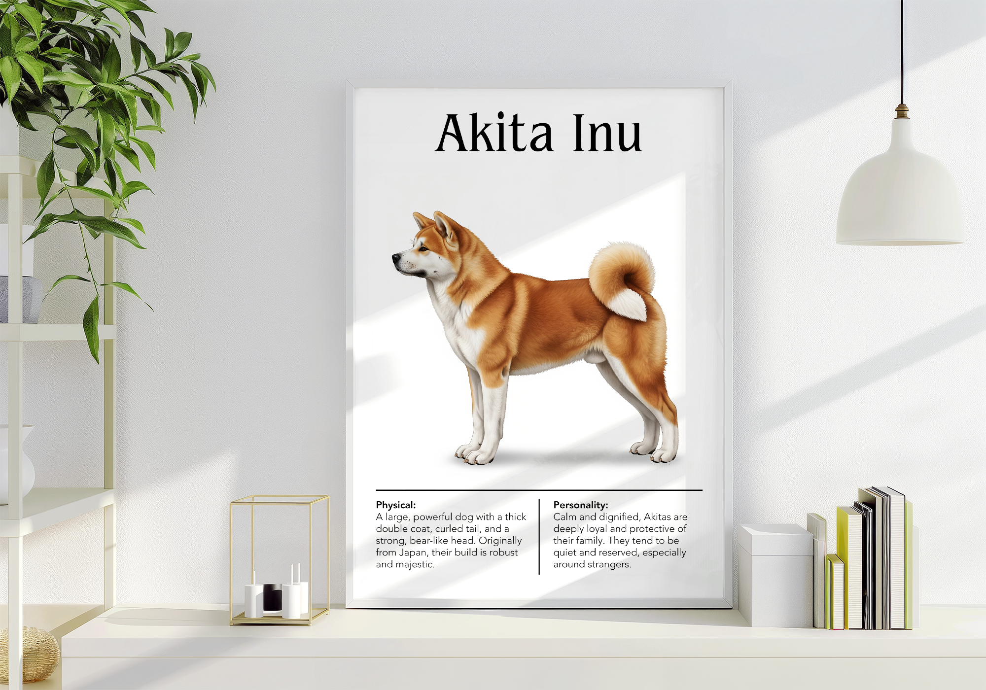 A white framed poster featuring a realistic illustration of a brown and white Akita Inu dog, with the dog's name and descriptions of its physical traits and personality below, resting on a white shelf next to a houseplant and a stack of books.