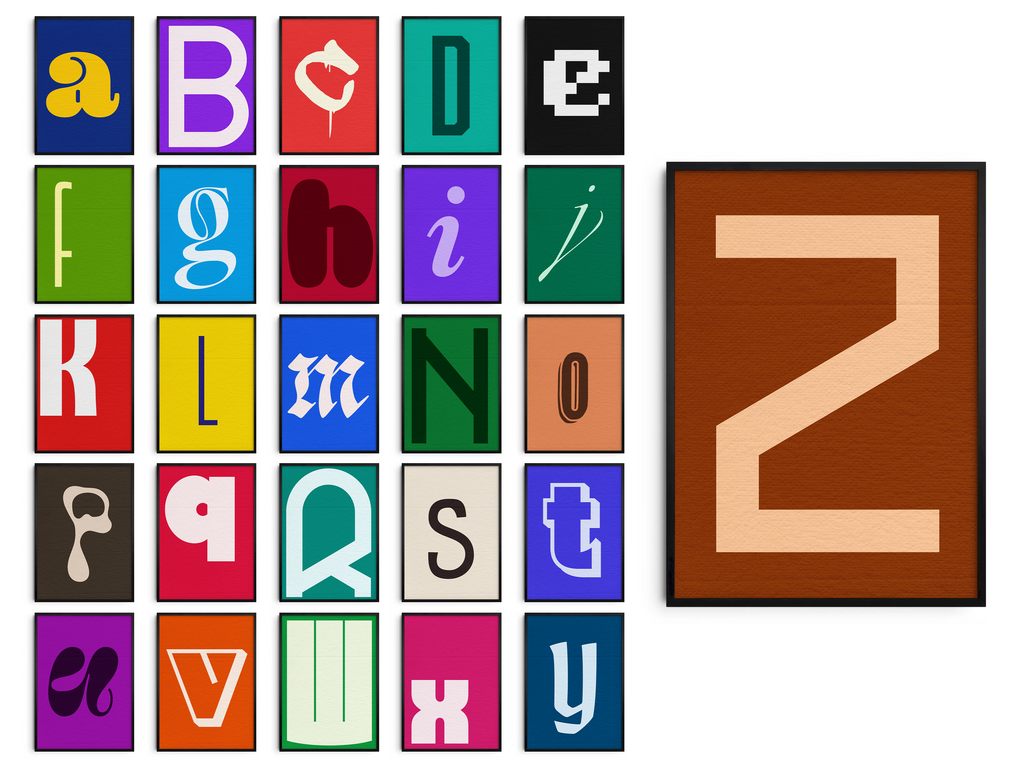 Elevate your space with the Alphabet Letter Collection. This art set transforms any wall, featuring 26 unique typographic posters in diverse styles and bold, vibrant colors. A modern way to add personality and graphic design beauty to your home.