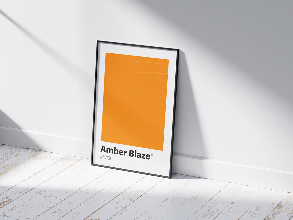 Minimalist orange color swatch poster featuring the unique shade "Amber Blaze" with its hexadecimal code #ff7f00. This modern art print is ideal for adding a sophisticated and vibrant touch to contemporary interiors, dining areas, or gallery walls.