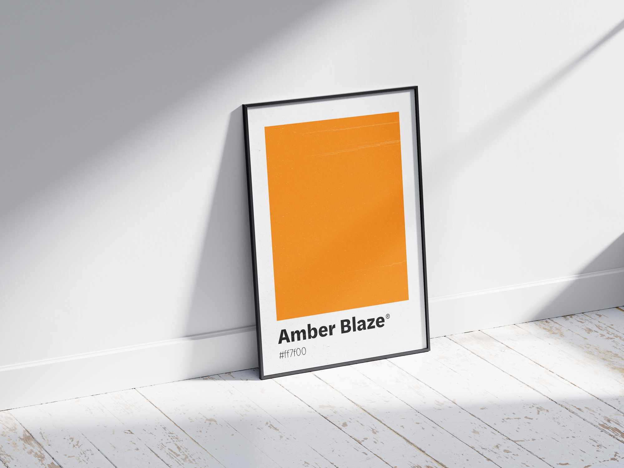 Minimalist orange color swatch poster featuring the unique shade "Amber Blaze" with its hexadecimal code #ff7f00. This modern art print is ideal for adding a sophisticated and vibrant touch to contemporary interiors, dining areas, or gallery walls.