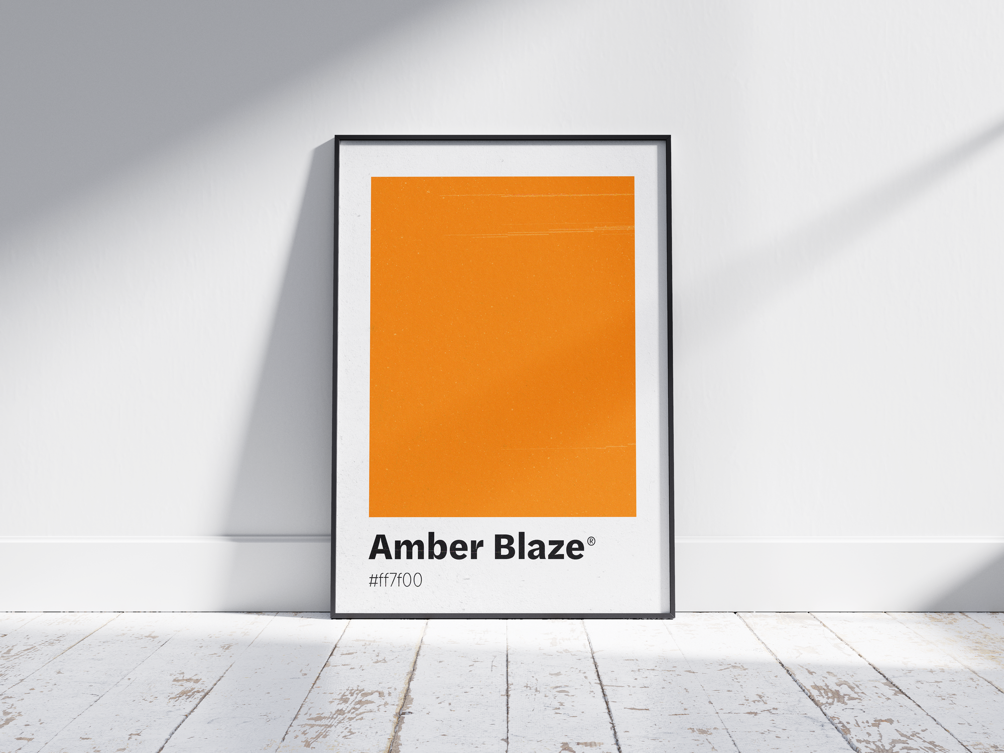 Minimalist orange color swatch poster featuring the unique shade "Amber Blaze" with its hexadecimal code #ff7f00. This modern art print is ideal for adding a sophisticated and vibrant touch to contemporary interiors, dining areas, or gallery walls.