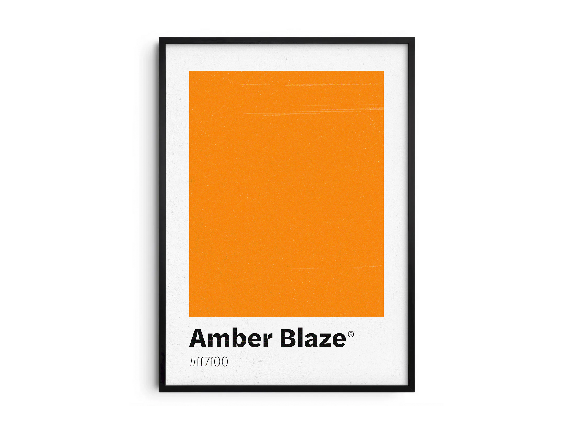 Minimalist orange color swatch poster featuring the unique shade "Amber Blaze" with its hexadecimal code #ff7f00. This modern art print is ideal for adding a sophisticated and vibrant touch to contemporary interiors, dining areas, or gallery walls.