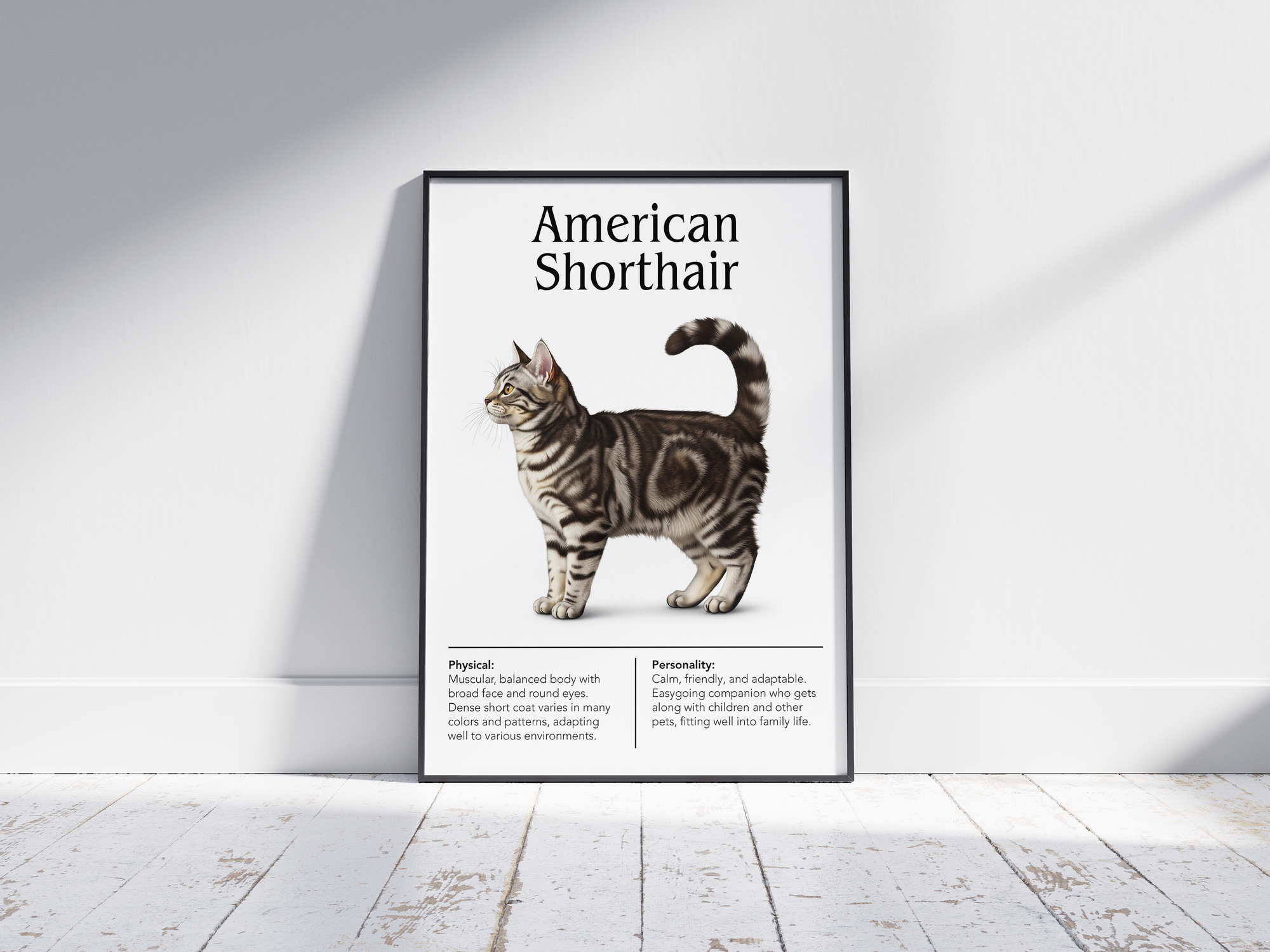 Charming American Shorthair cat breed poster featuring a detailed illustration of the cat with its strong build and amiable expression, printed on semi-gloss sustainable paper. Perfect wall art for living rooms, studies, or classic interiors with a comforting and timeless aesthetic.