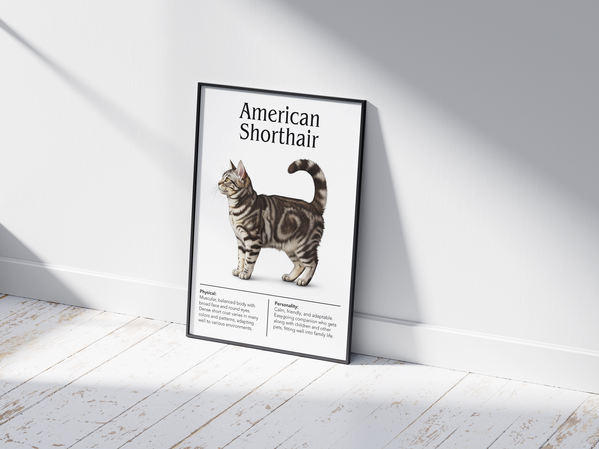 Charming American Shorthair cat breed poster featuring a detailed illustration of the cat with its strong build and amiable expression, printed on semi-gloss sustainable paper. Perfect wall art for living rooms, studies, or classic interiors with a comforting and timeless aesthetic.