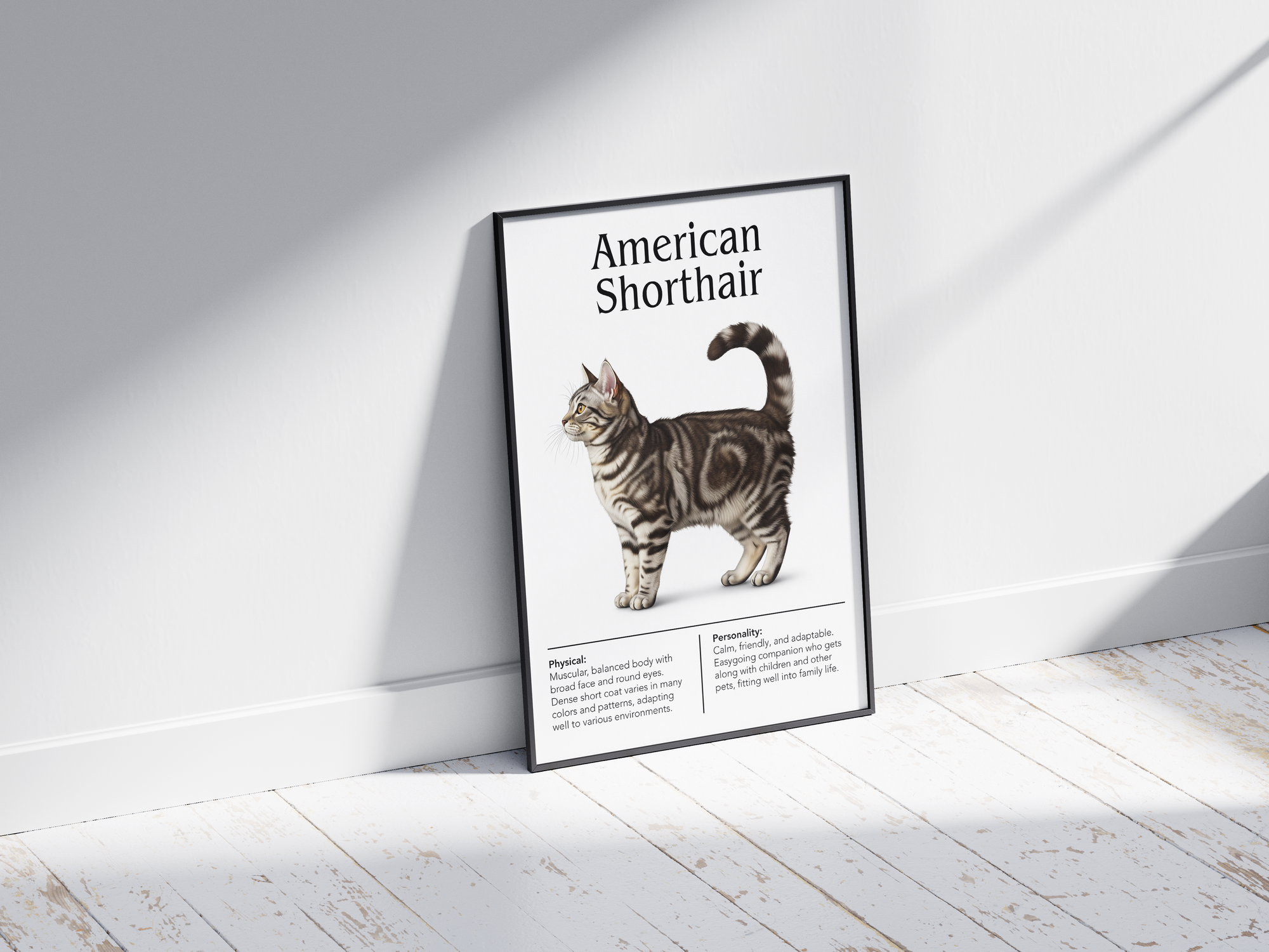 Charming American Shorthair cat breed poster featuring a detailed illustration of the cat with its strong build and amiable expression, printed on semi-gloss sustainable paper. Perfect wall art for living rooms, studies, or classic interiors with a comforting and timeless aesthetic.