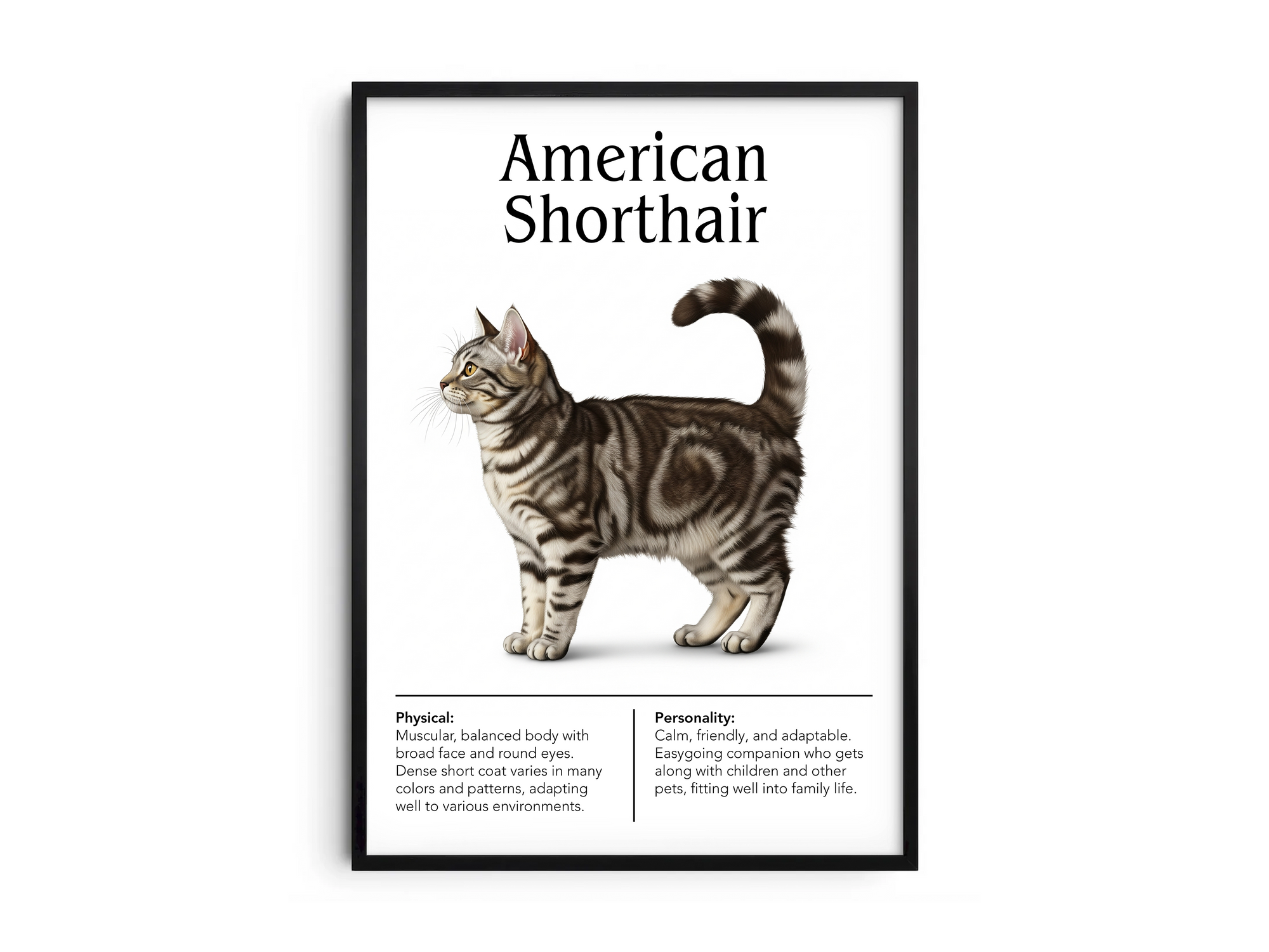 Charming American Shorthair cat breed poster featuring a detailed illustration of the cat with its strong build and amiable expression, printed on semi-gloss sustainable paper. Perfect wall art for living rooms, studies, or classic interiors with a comforting and timeless aesthetic.