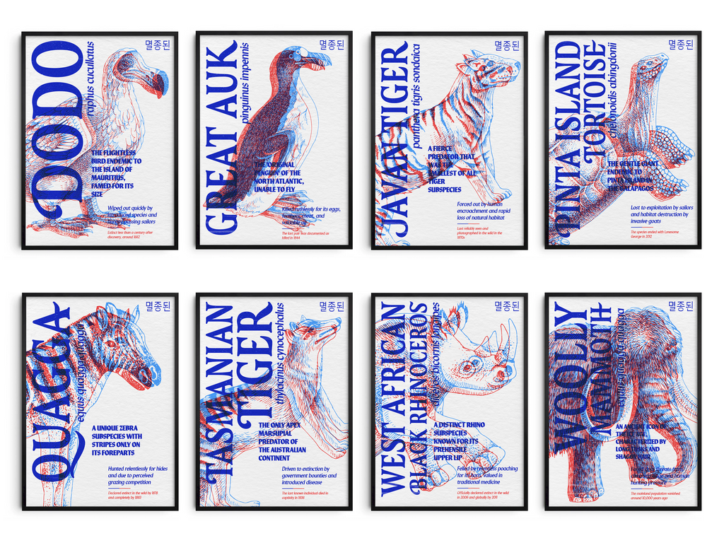 Elevate your space with the Anaglyph Extinct 3D Animal Collection. This set of eight unique posters features iconic extinct species (Dodo, Quagga, Mammoth, etc.) rendered in bold red and blue 3D style. A powerful modern way to add history, science, and graphic art to your home.