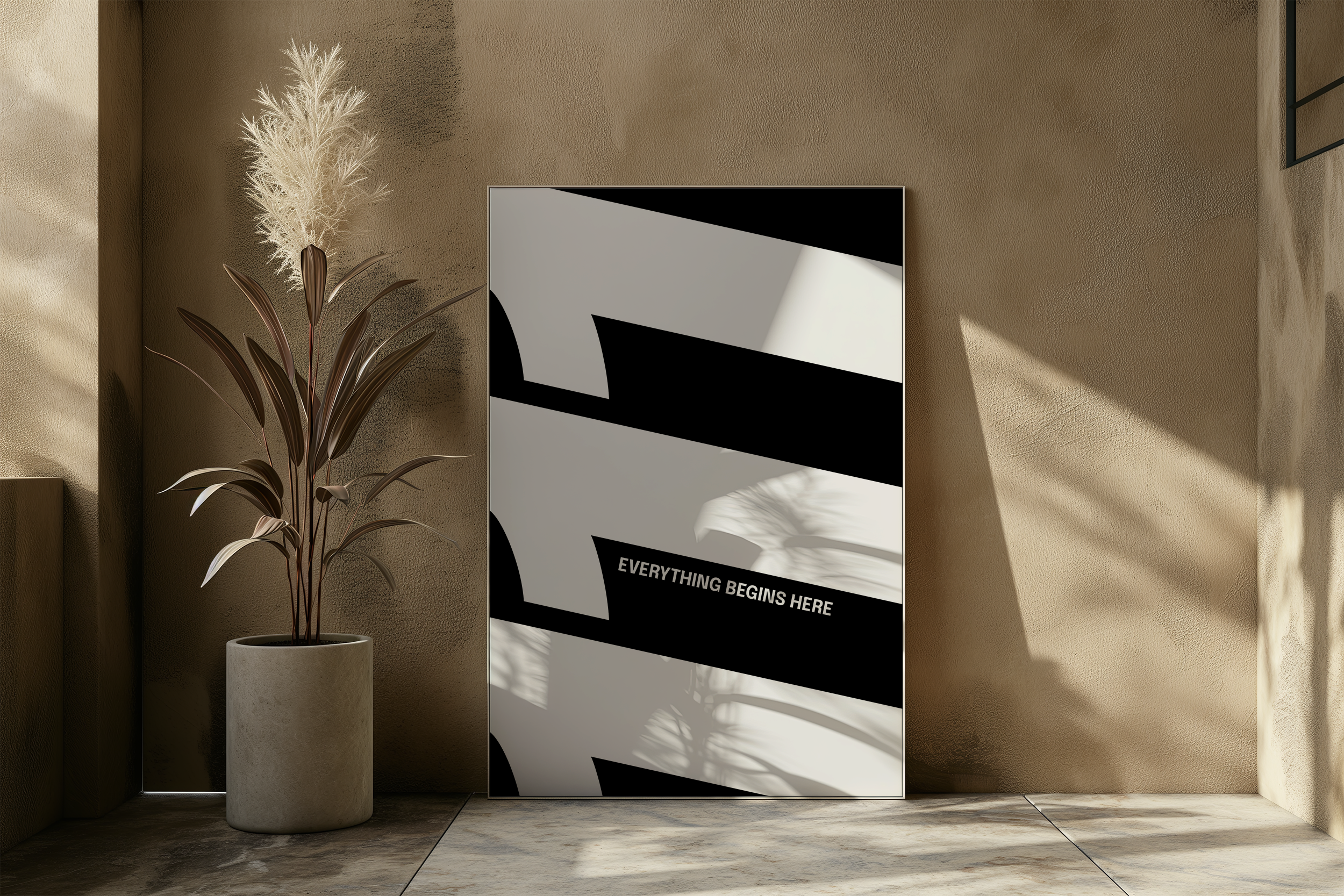 Large framed poster with the repeating number '111' in a black and white design with the text "EVERYTHING BEGINS HERE," leaning against a beige wall next to a potted plant in a modern interior.