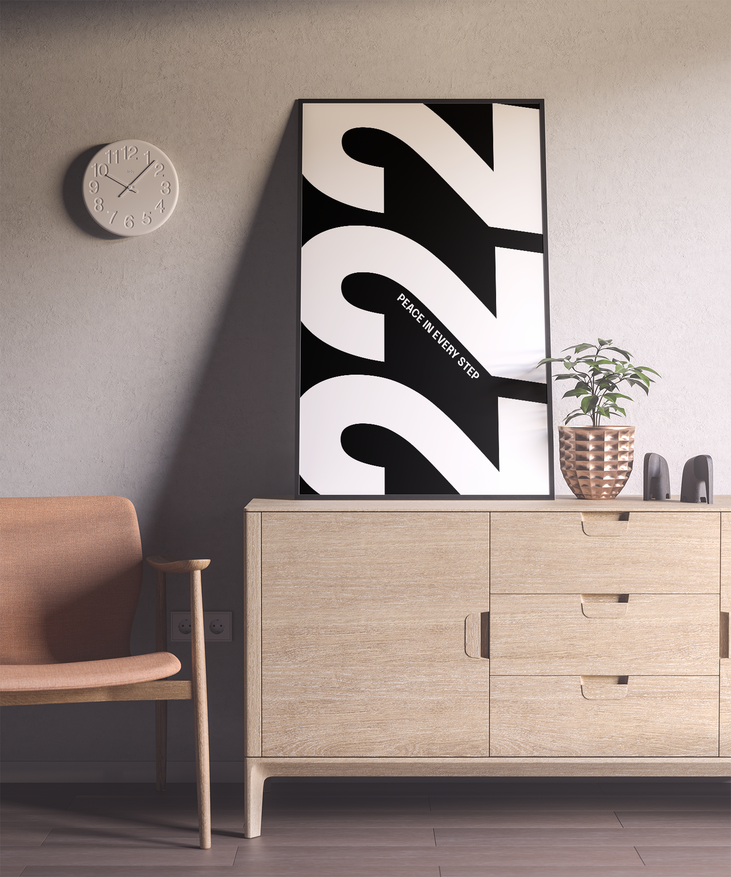 A bold, modern, and minimalist art print featuring the large, black and white number "222" (an angel number), with the subtle, inspiring text "PEACE IN EVERY STEP." Great for meditation, spiritual, or modern interior decor. The framed print is propped on a light wooden cabinet with a small potted plant and a decorative clock on the wall, creating a calm and balanced atmosphere.