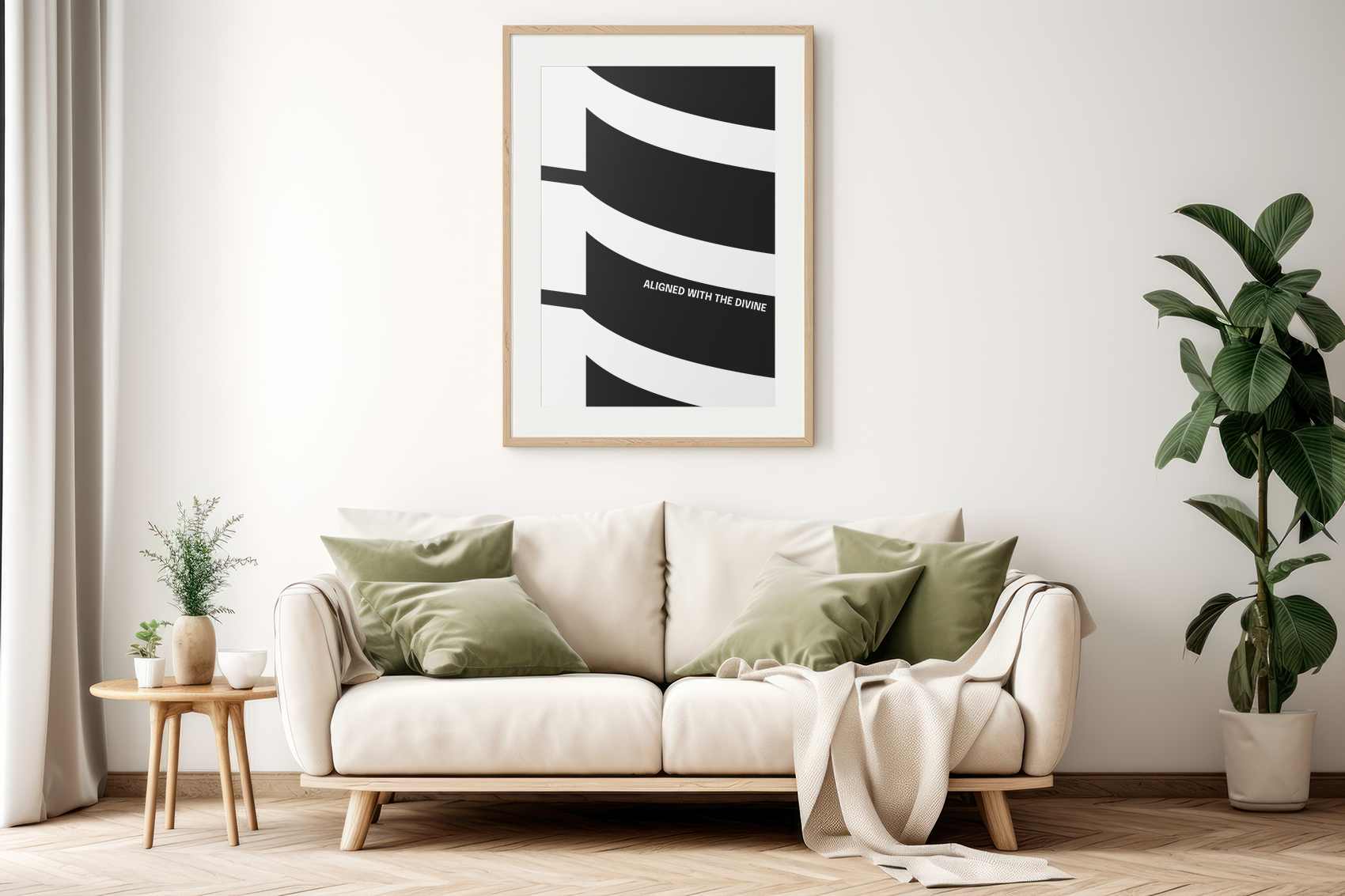 Framed poster with the repeating number '777' in a black and white abstract design with the text "ALIGNED WITH THE DIVINE," hanging above a modern beige sofa with green cushions in a bright room with plants.
