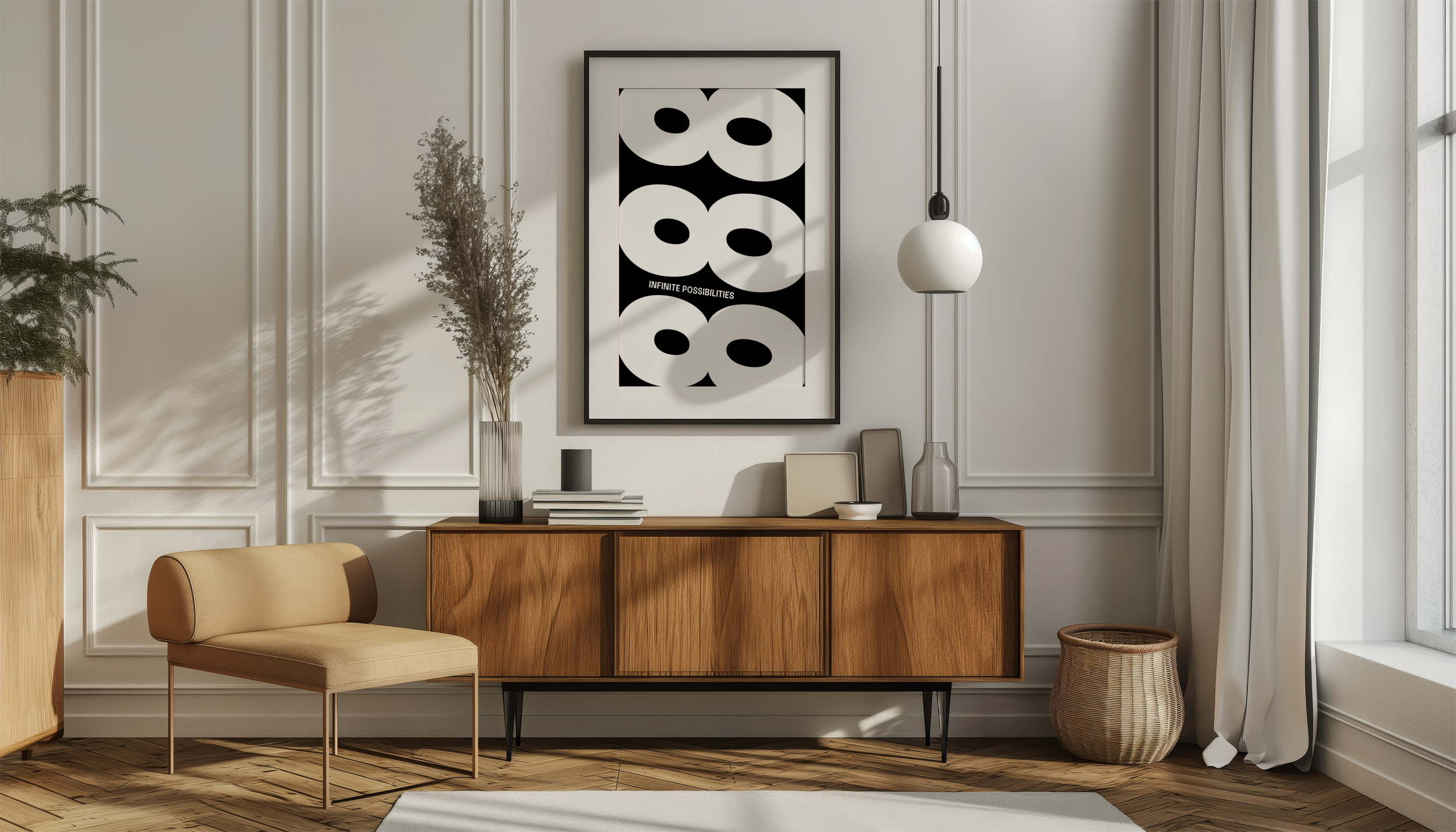 Black framed poster with the repeating number '888' in a black and white design with the text "INFINITE POSSIBILITIES," placed on a mid-century modern wooden credenza in a stylish living room.