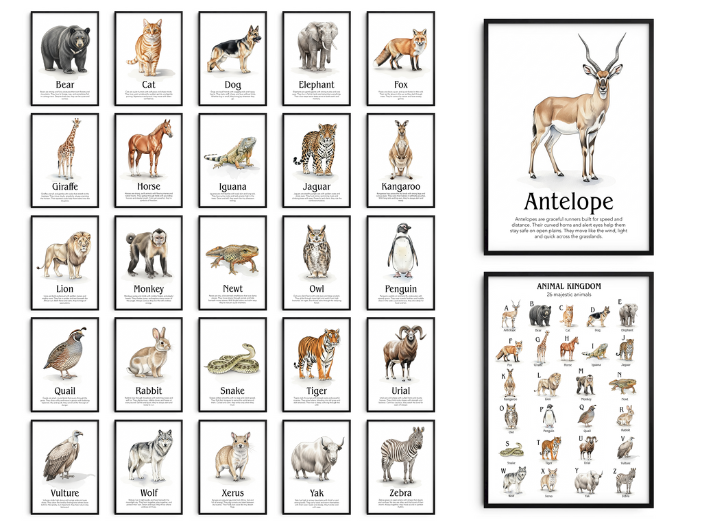 Explore our unique A-Z animal poster collection! Featuring one comprehensive alphabet poster and 26 individual animal prints. Perfect for learning & kids' rooms.