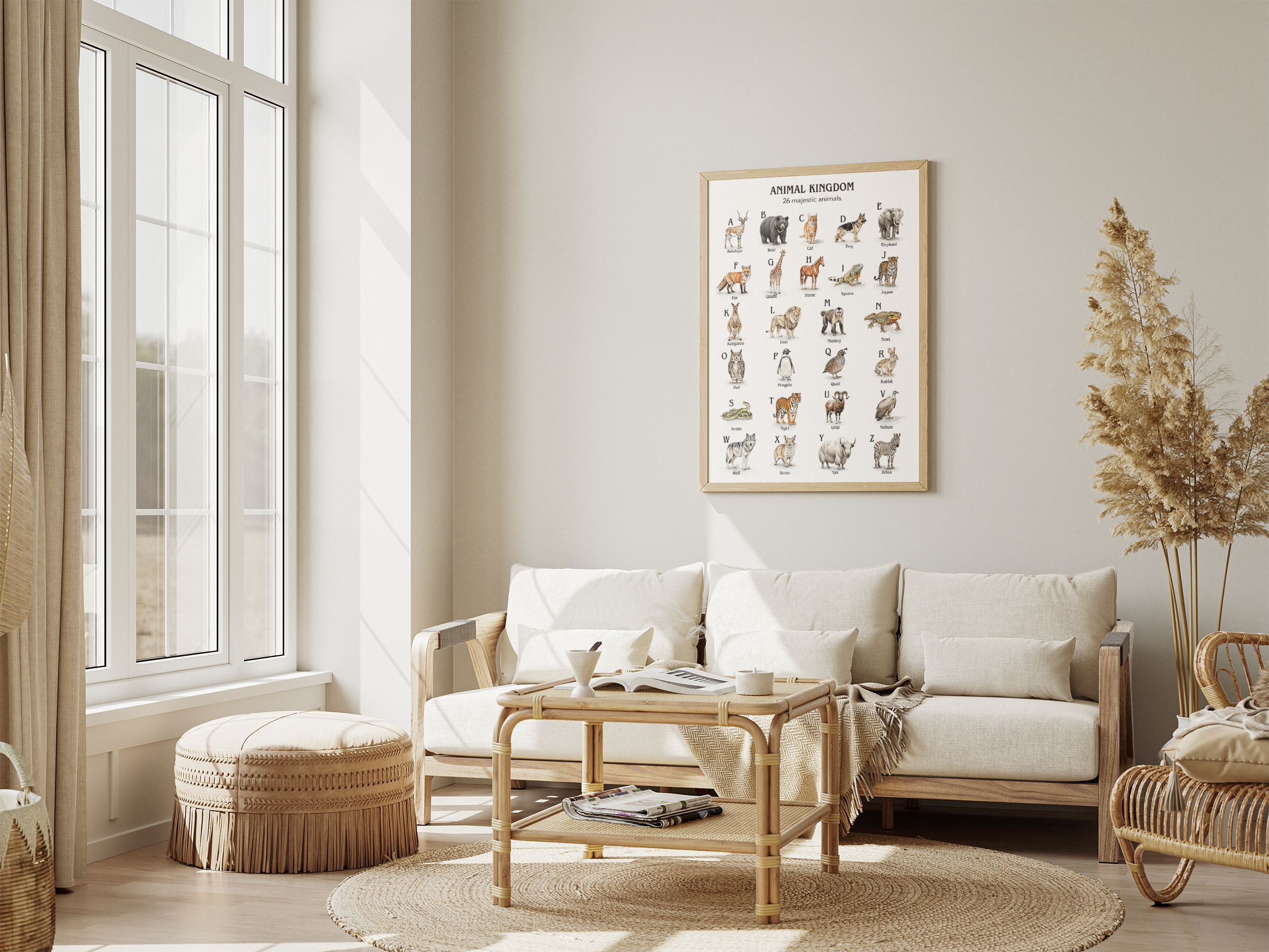 Framed educational poster of the "Animal Kingdom" with illustrations of various animals, hanging above a natural wood and rattan sofa and coffee table in a bright, sunlit living room.