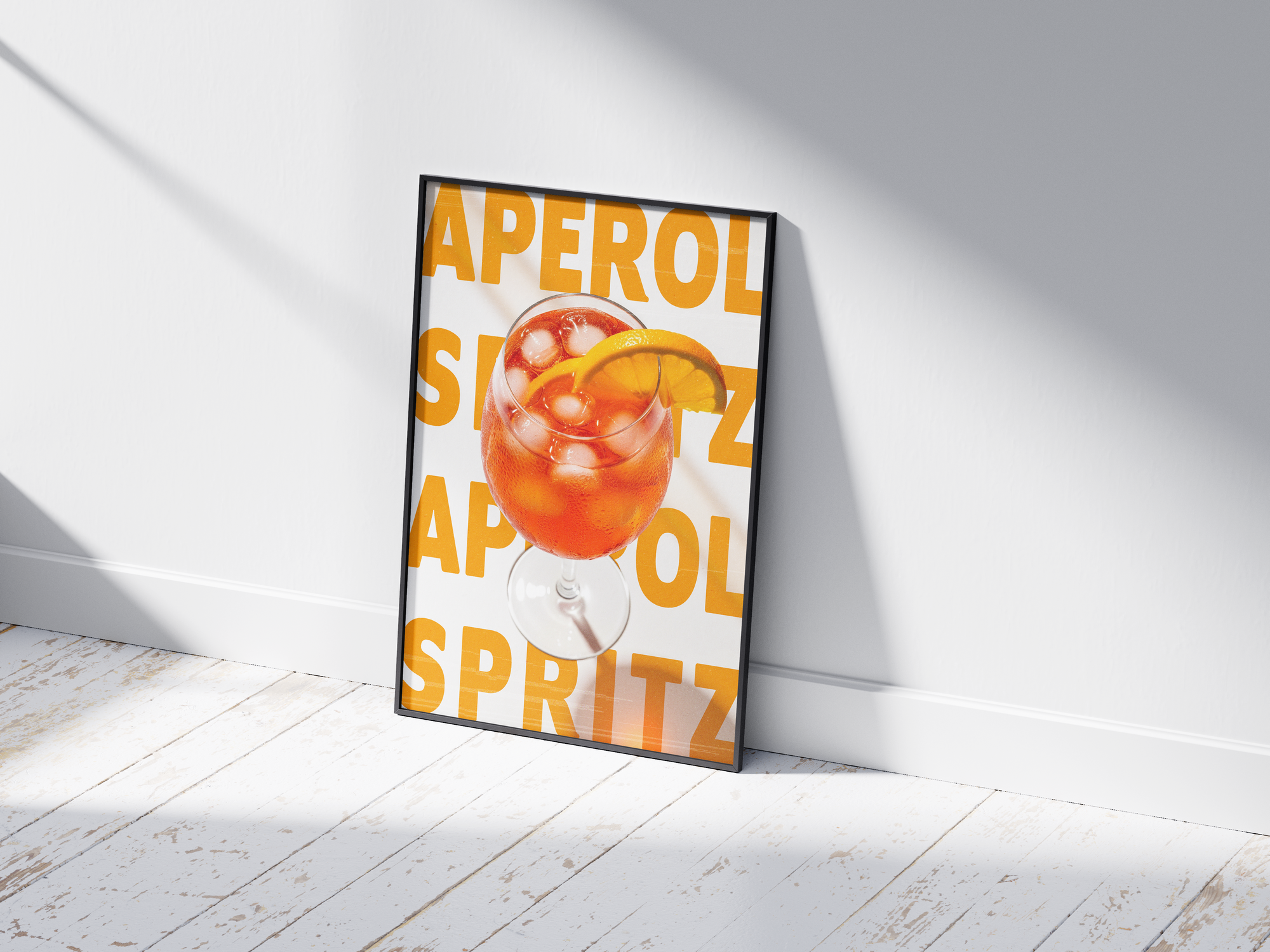Vibrant Aperol Spritz cocktail poster featuring bold typography and a refreshing drink illustration, printed on semi-gloss sustainable paper. Perfect wall art for kitchens, bar areas, or modern interiors with a cheerful and lively aesthetic.