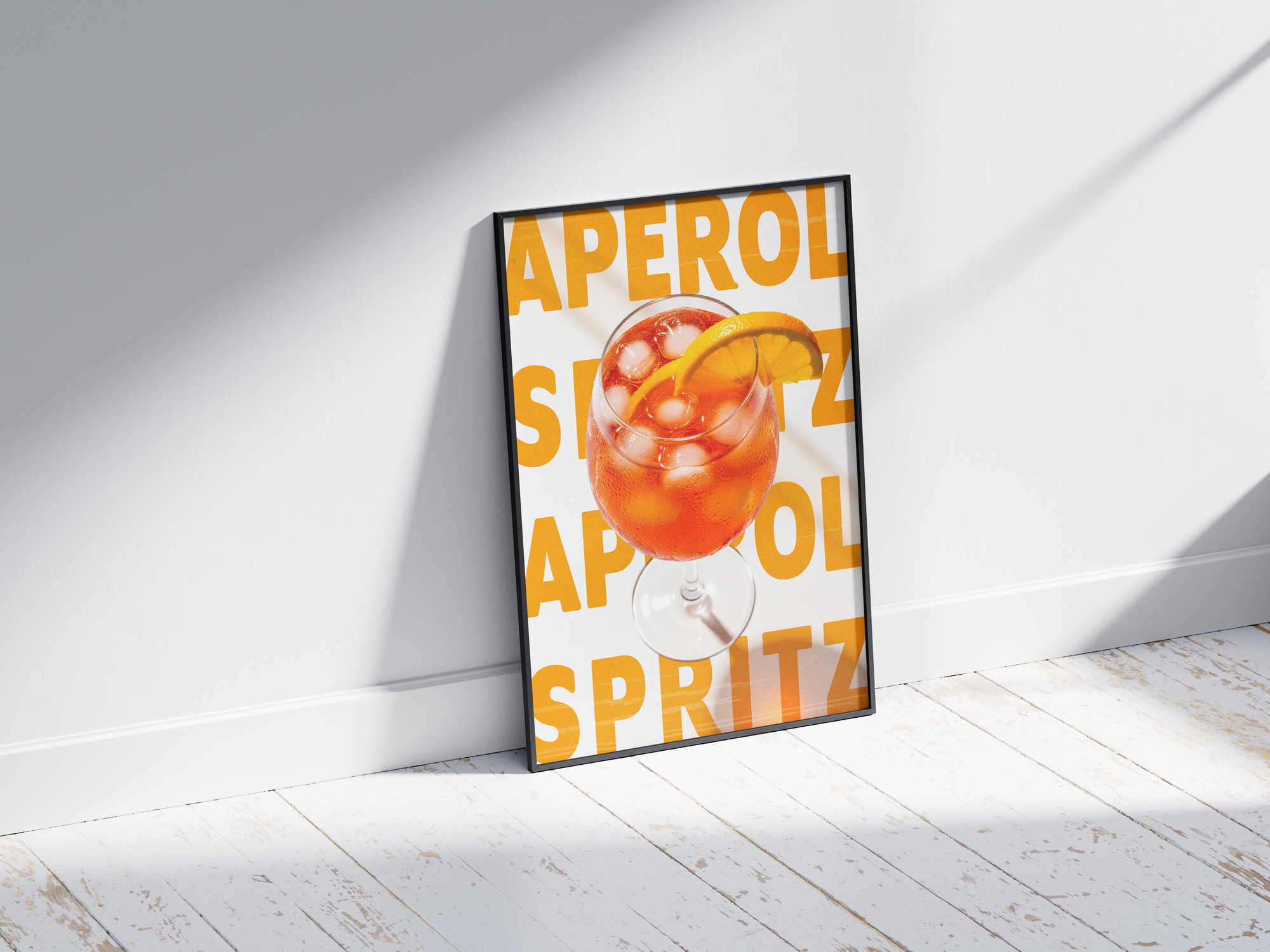 Vibrant Aperol Spritz cocktail poster featuring bold typography and a refreshing drink illustration, printed on semi-gloss sustainable paper. Perfect wall art for kitchens, bar areas, or modern interiors with a cheerful and lively aesthetic.