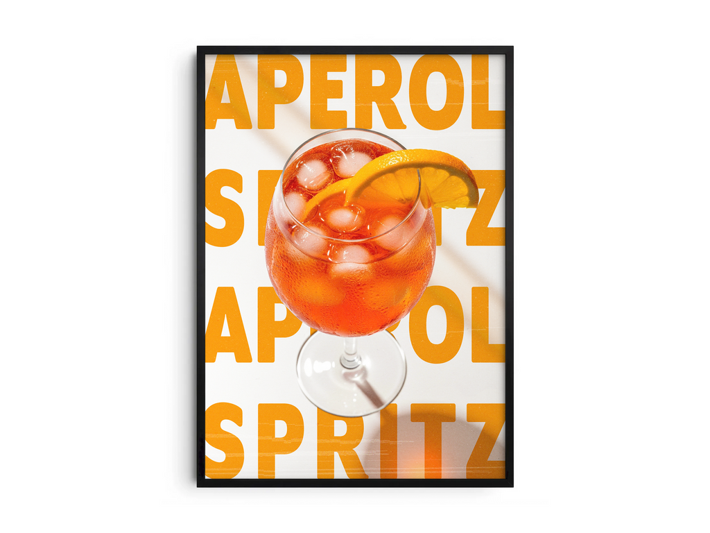 Vibrant Aperol Spritz cocktail poster featuring bold typography and a refreshing drink illustration, printed on semi-gloss sustainable paper. Perfect wall art for kitchens, bar areas, or modern interiors with a cheerful and lively aesthetic.